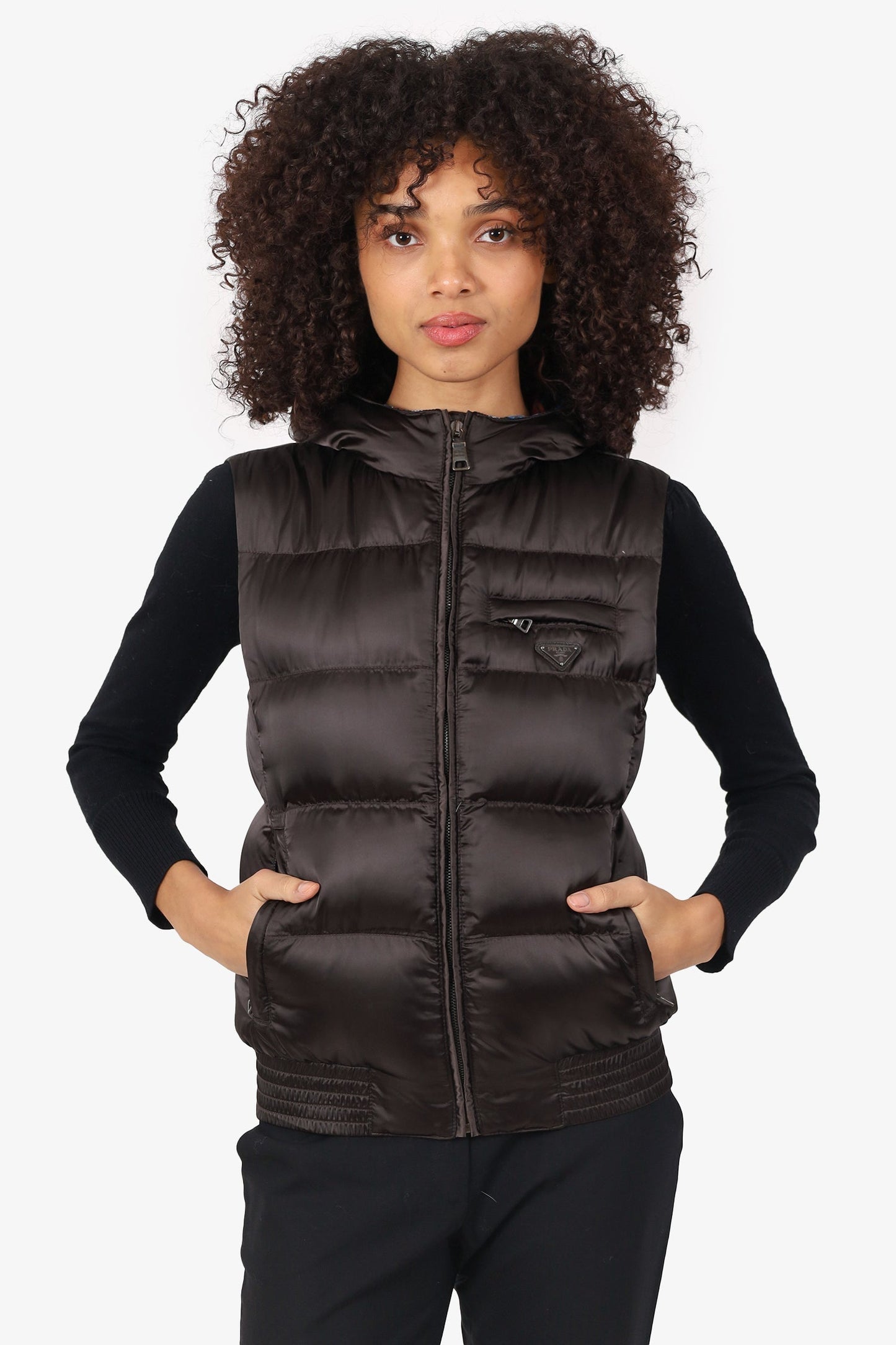 Prada Handbag Down Puffer Vest With Hood Nylon Black