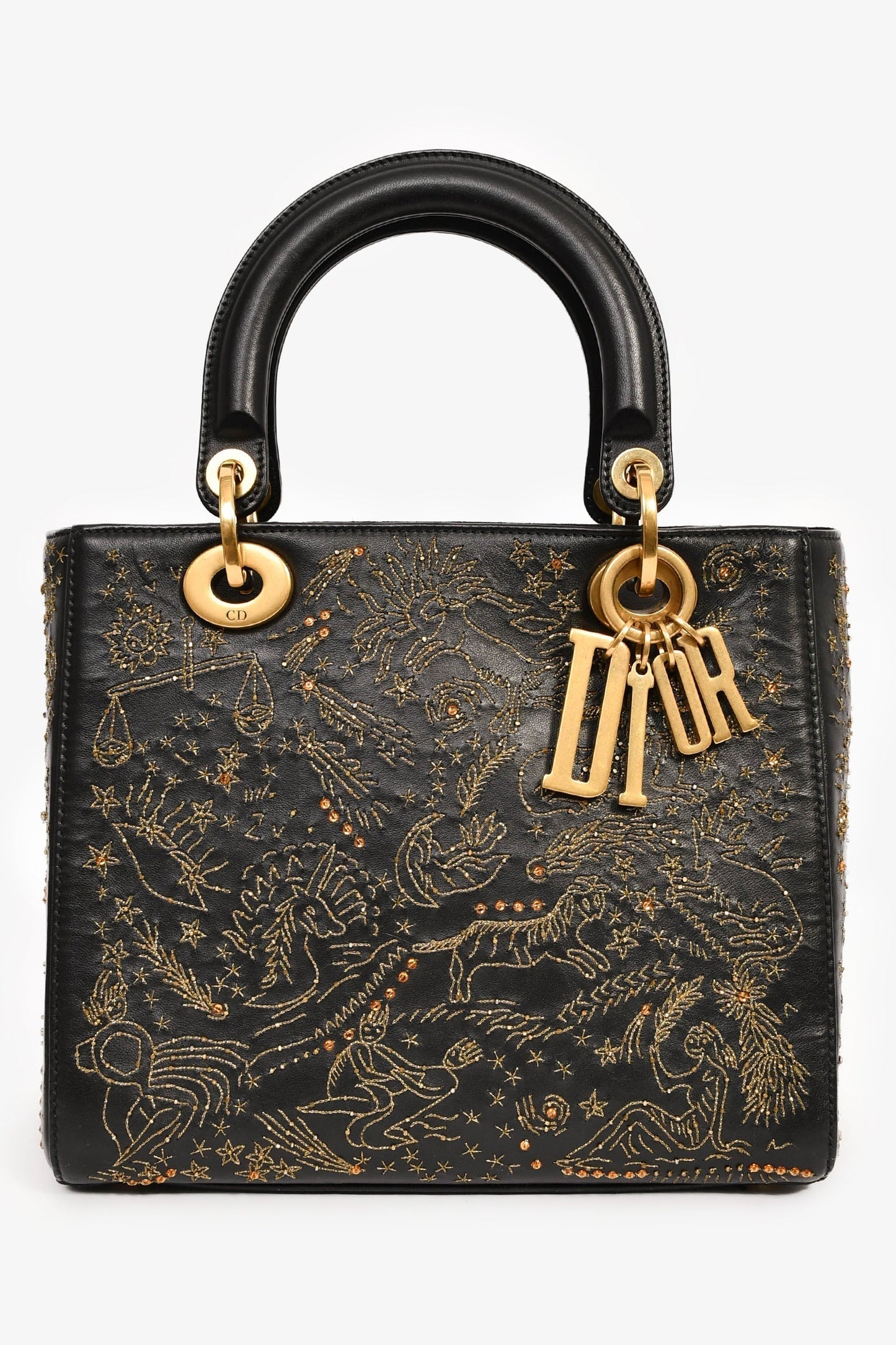 Dior Handbag Christian Zodiac Lady D-Lite Bag with Strap Leather Black Medium