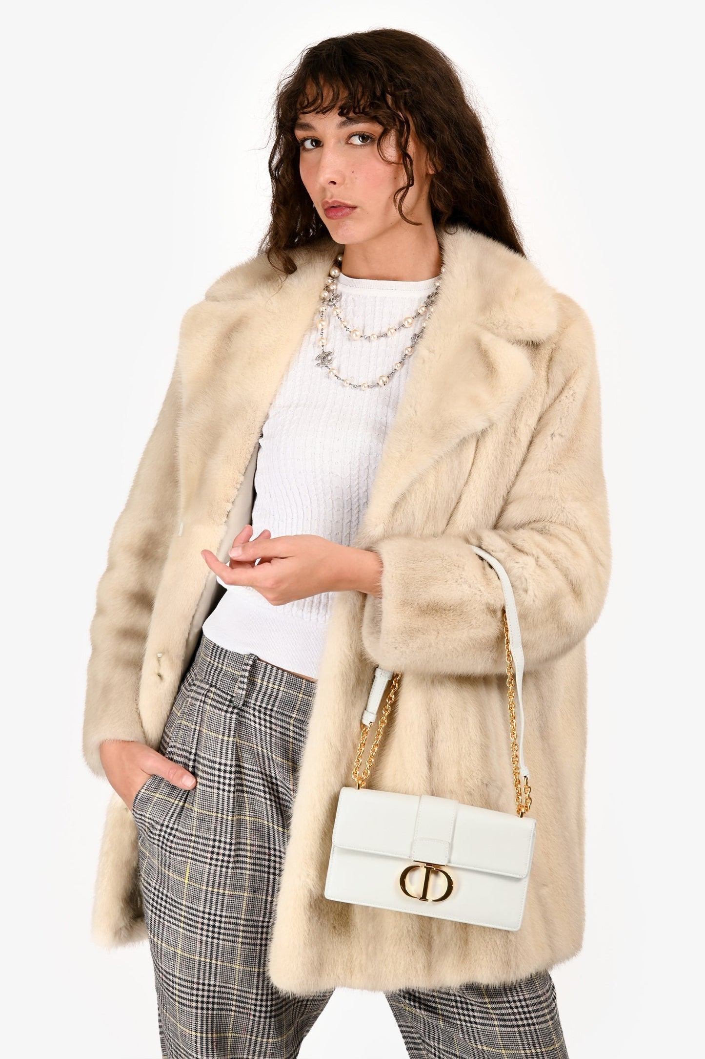 Dior Crossbody Bag Christian '30 Montaigne East-West' with Leather White Chain