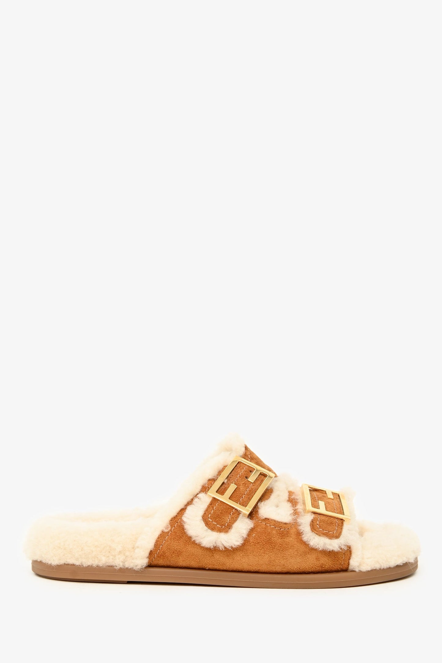 Fendi Handbag Shearling Buckle Slides Suede Brown Shoes