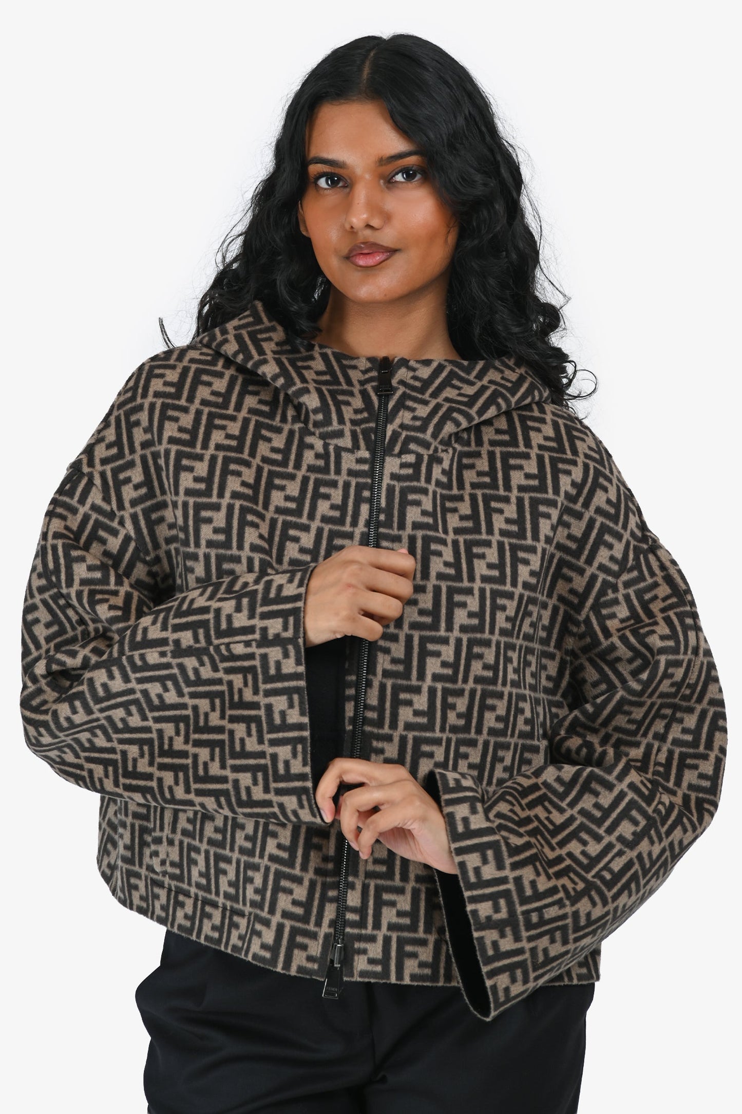 Fendi Handbag Zucca Wool Reversible Hooded Jacket with Pockets Leather Black Brown