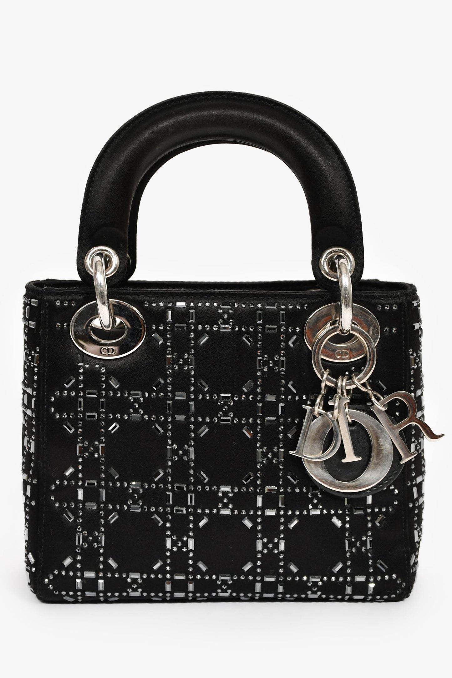 Dior Bag Christian Crystal Embellished Lady with Strap Satin Black Mini Mini Bag