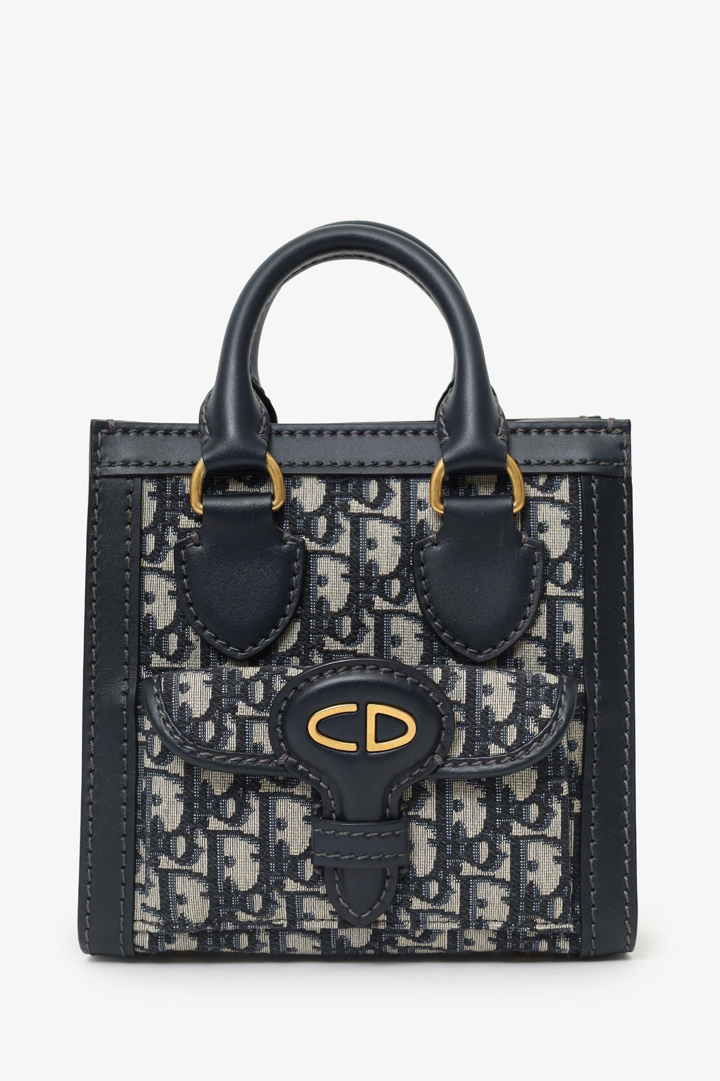 Dior Tote Bag Christian Oblique With Strap Leather Canvas Navy