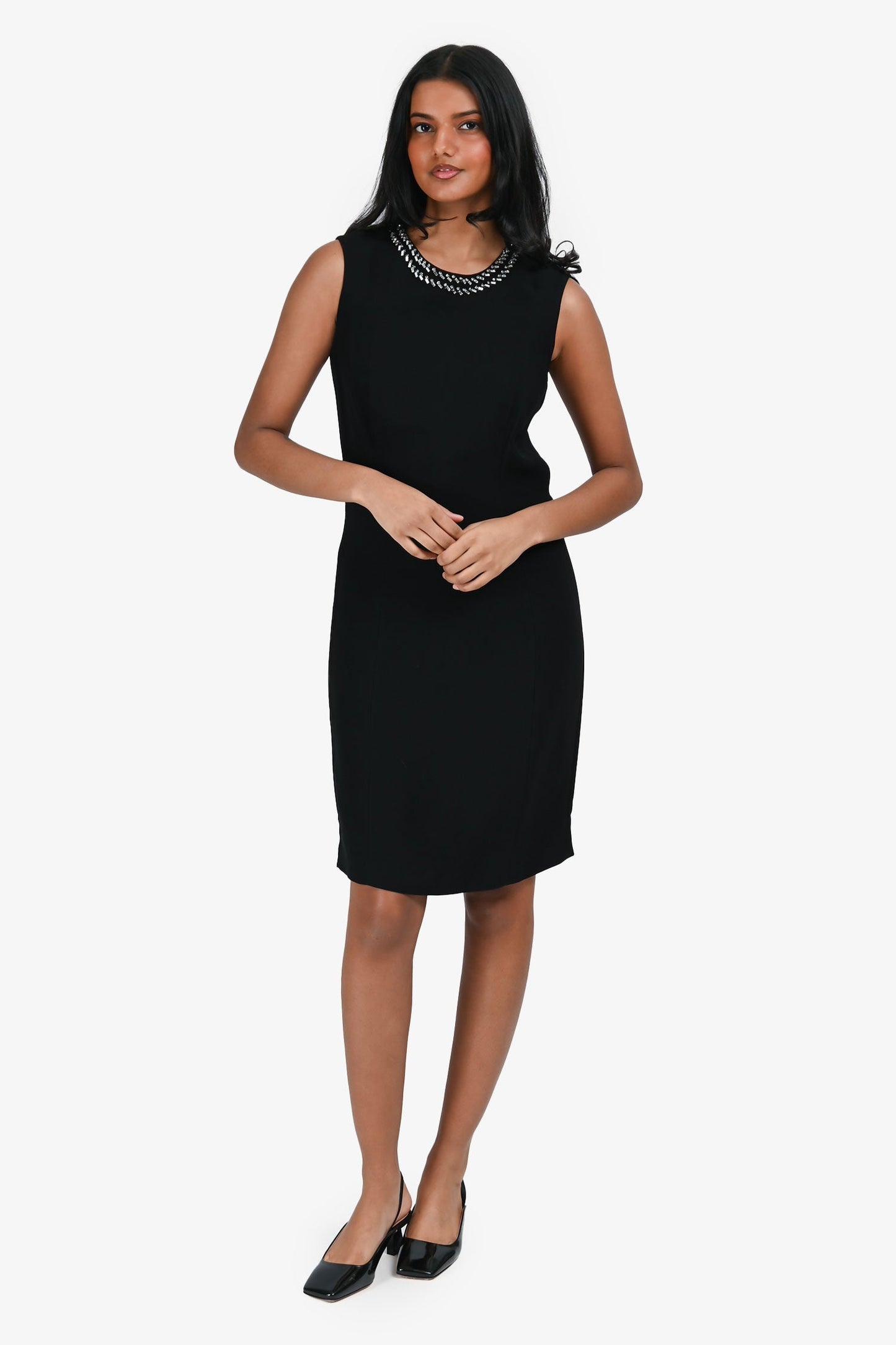 Prada Handbag Embellished Neckline Midi Cocktail Dress Black