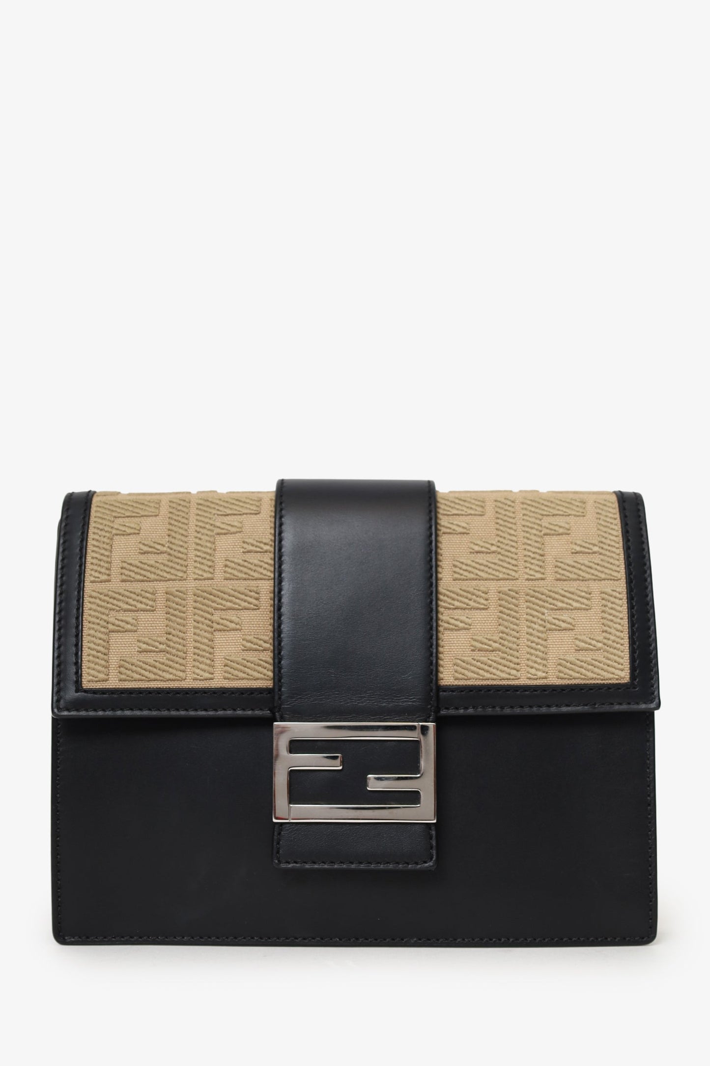 Fendi Crossbody Bag Calfskin FF Flat Baguette Crossbody Canvas Black Beige Shoes