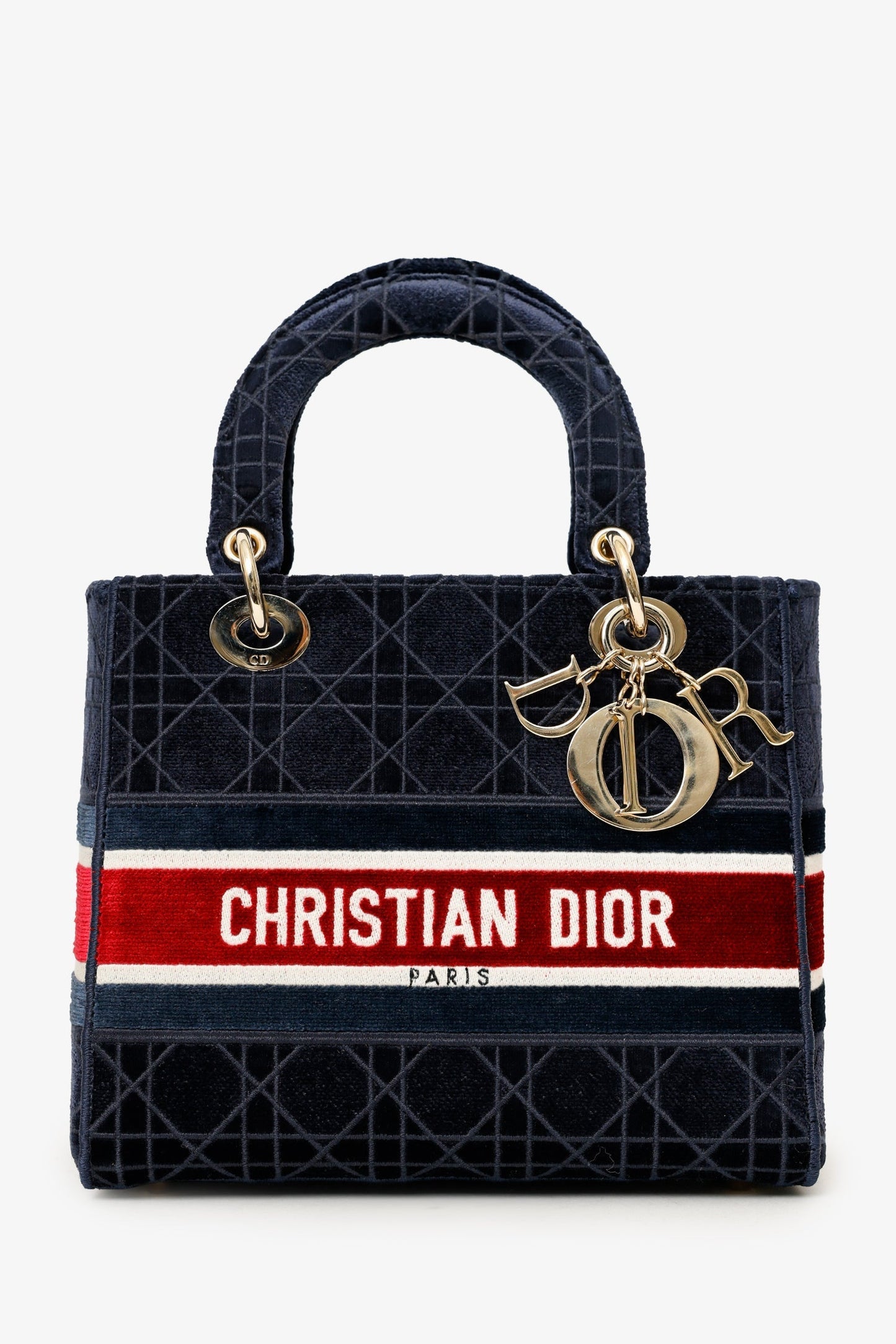 Dior Handbag Christian Velvet 'Cannage D-Lite' Bag With Strap Blue Medium