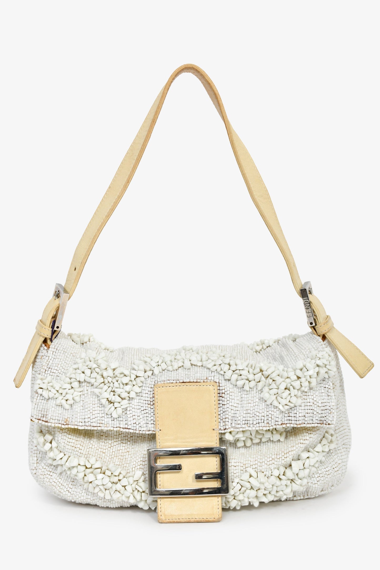 Fendi Shoulder Bag Beaded Baguette White Beige