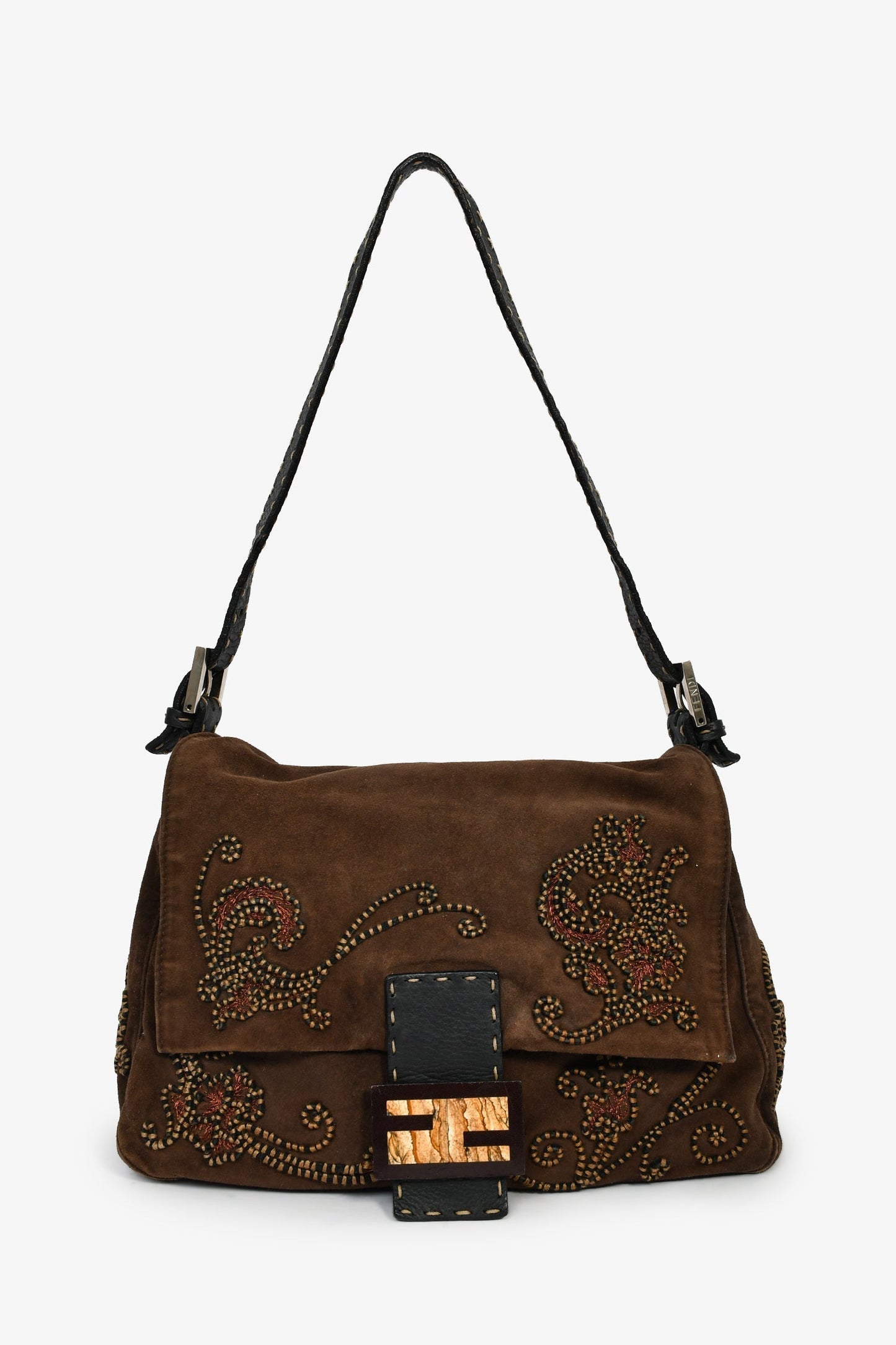 Fendi Shoulder Bag Selleria Mama Baguette Suede Brown