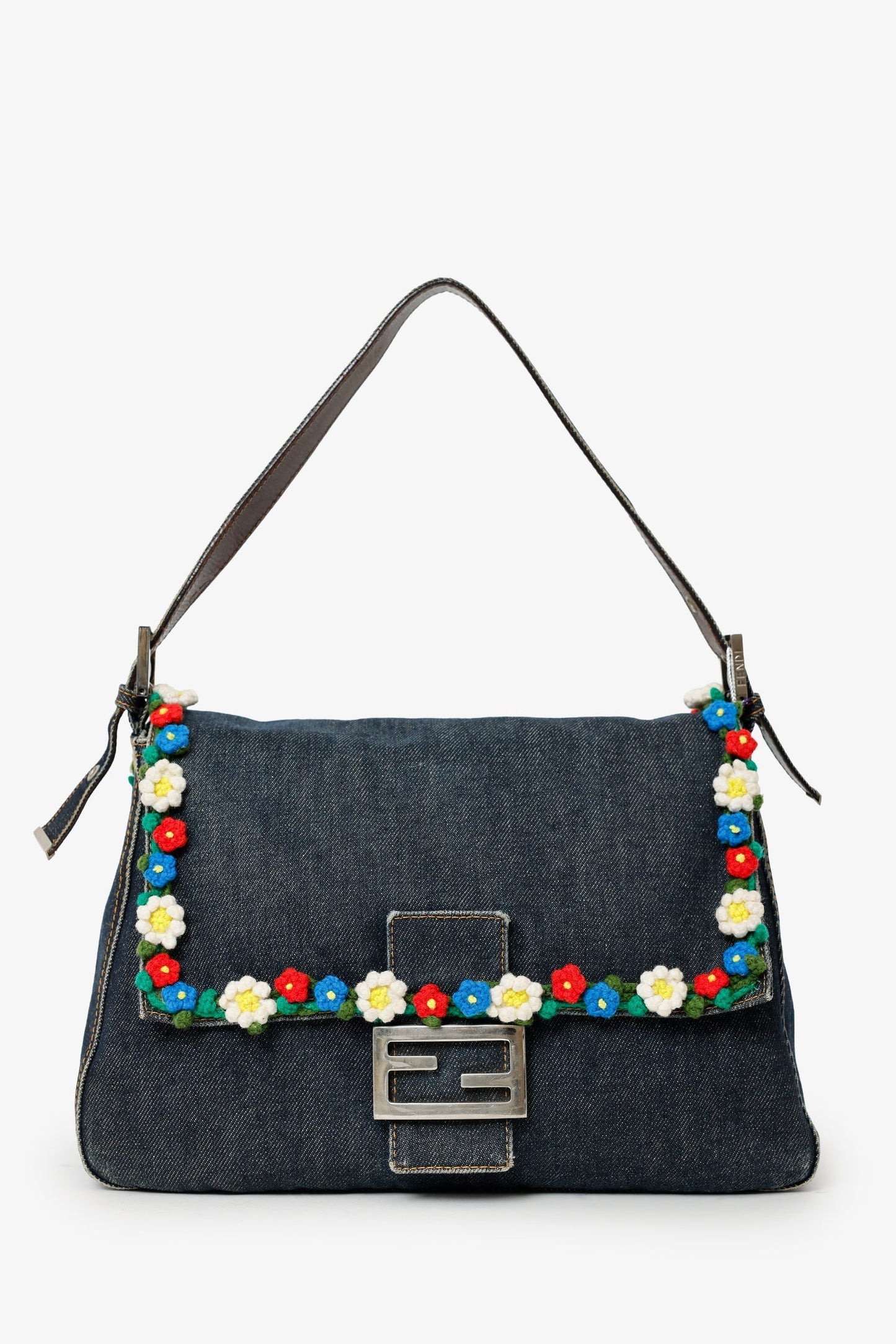 Fendi Shoulder Bag Crochet Floral Embellished Mama Baguette Denim Blue