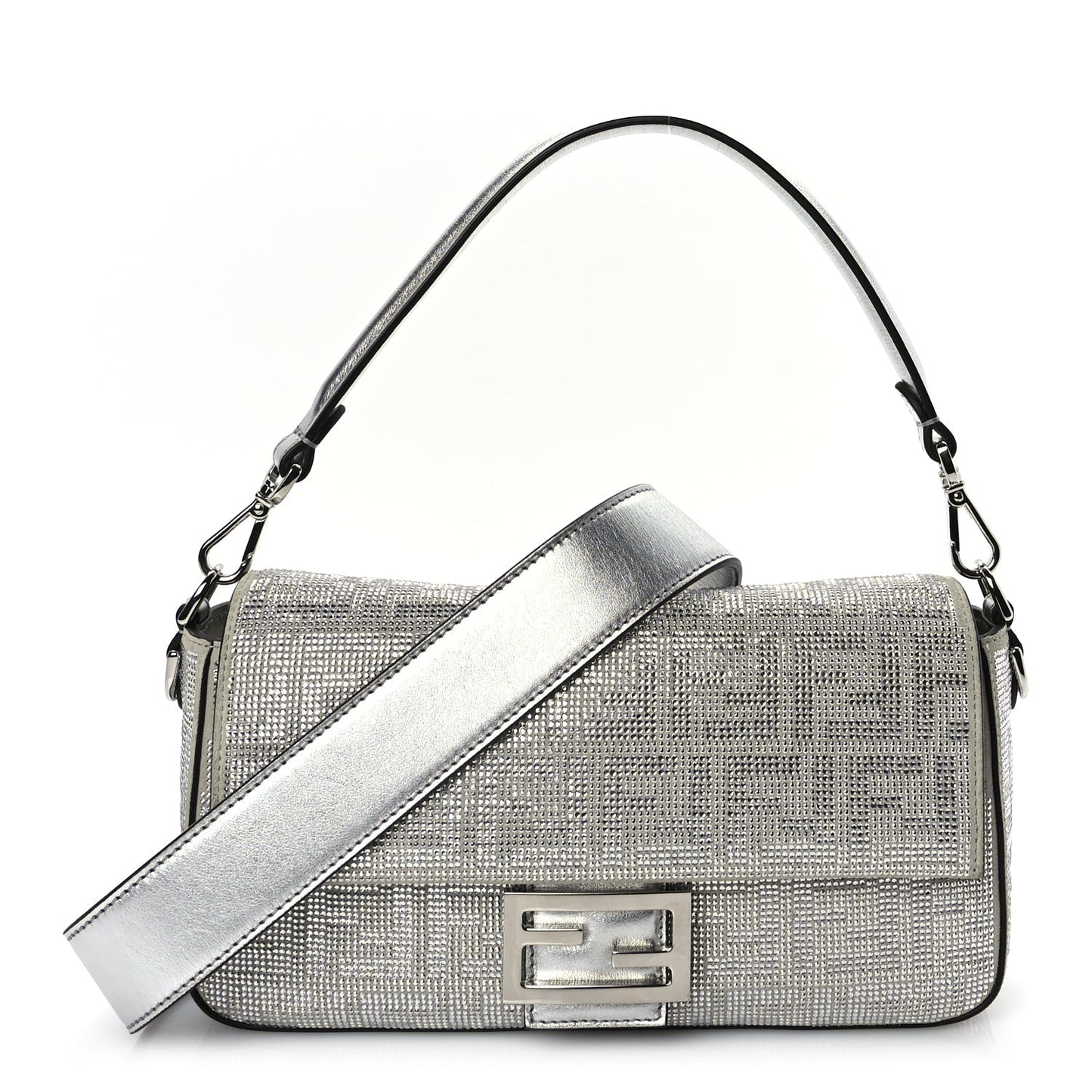Fendi Handbag Crystal Laminato FF Baguette Crystal Argento Leather Vitello Silver Shoulder Bag