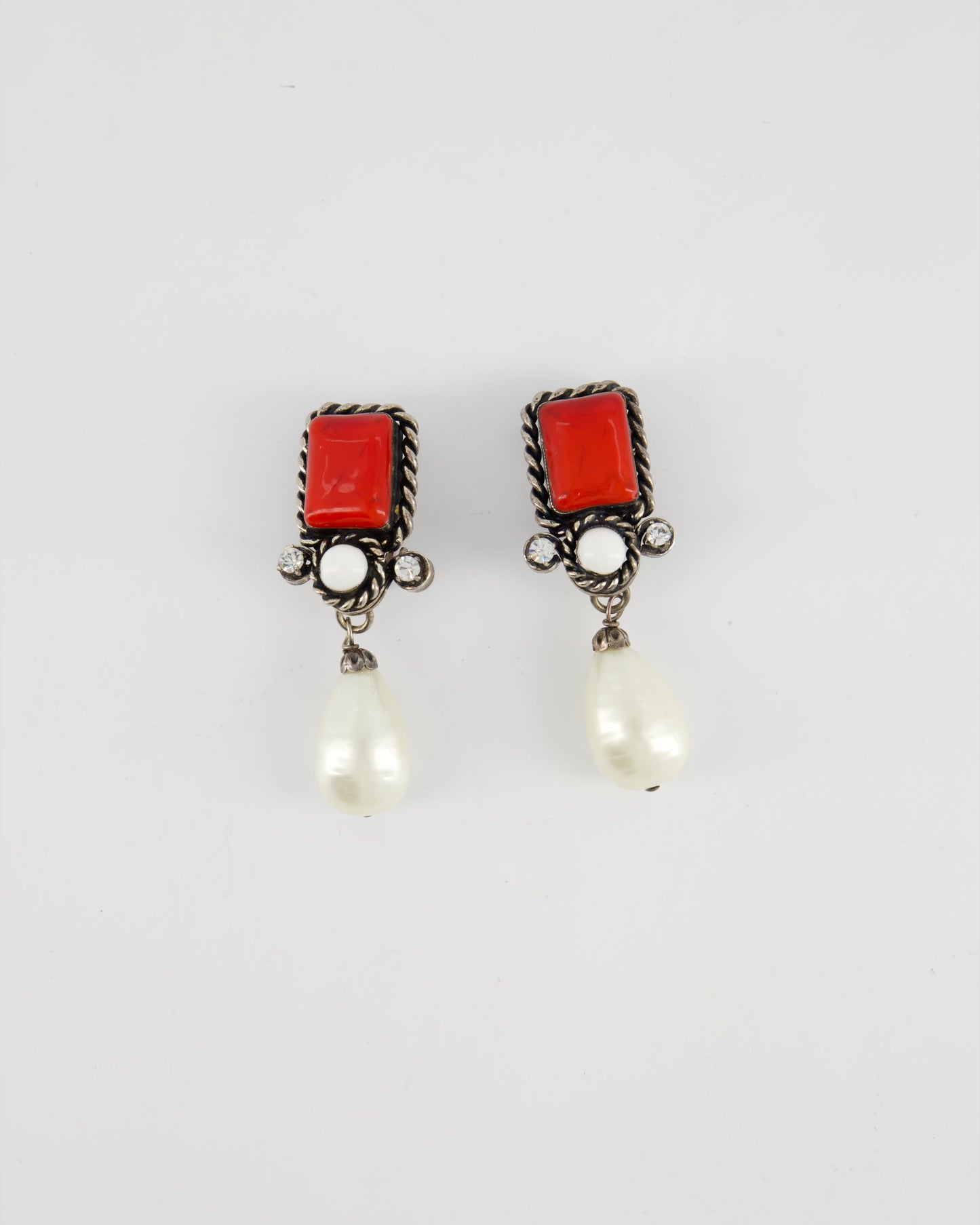 Chanel Silver Red, Crystal Pearl Drop Detail Clip-On Earrings Jewelry
