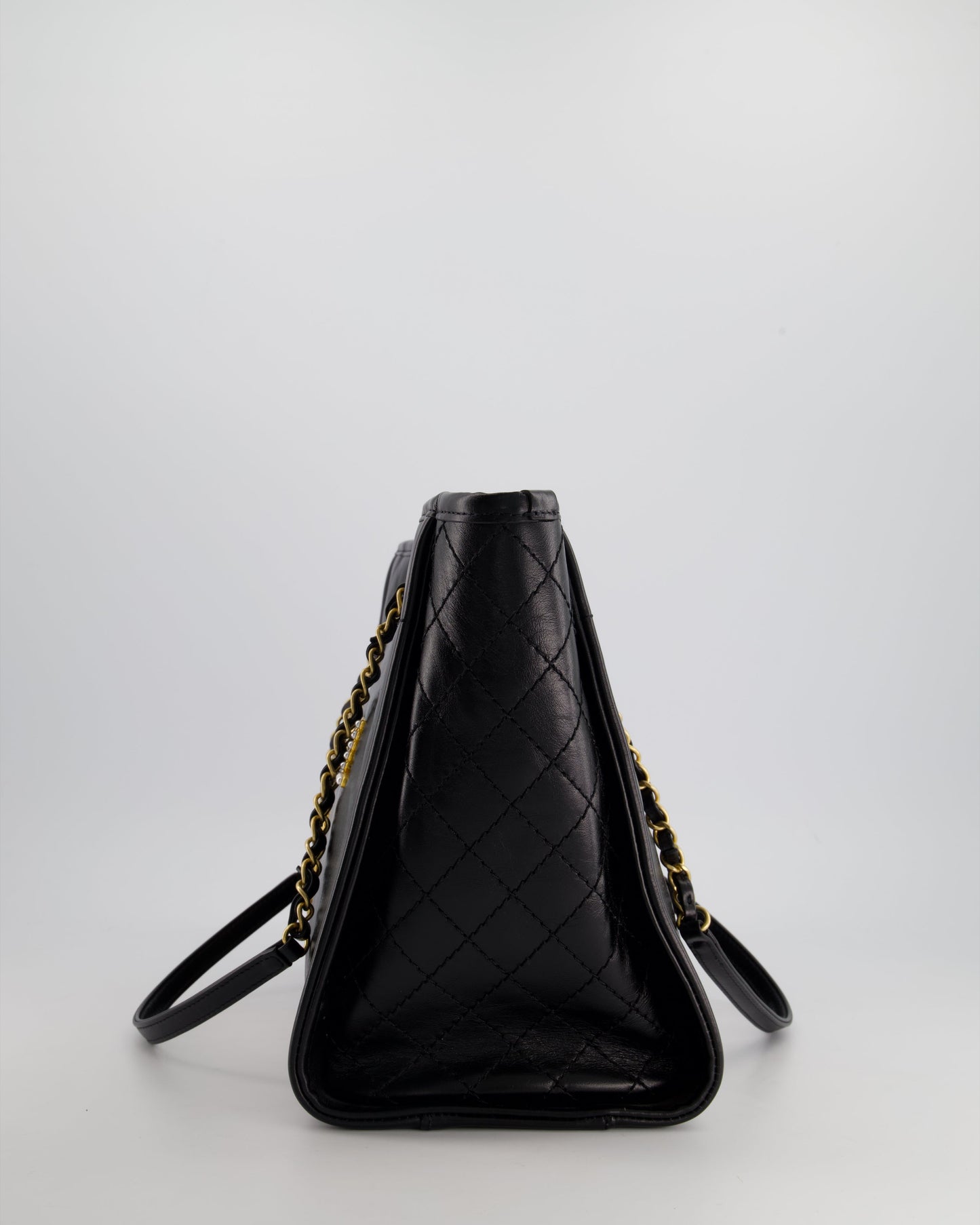 Chanel *HOT* Black Small Deauville Tote Bag in Shiny Calfskin Leather with Antique Gold Hardware and Pearl, Crystal Logo Detail