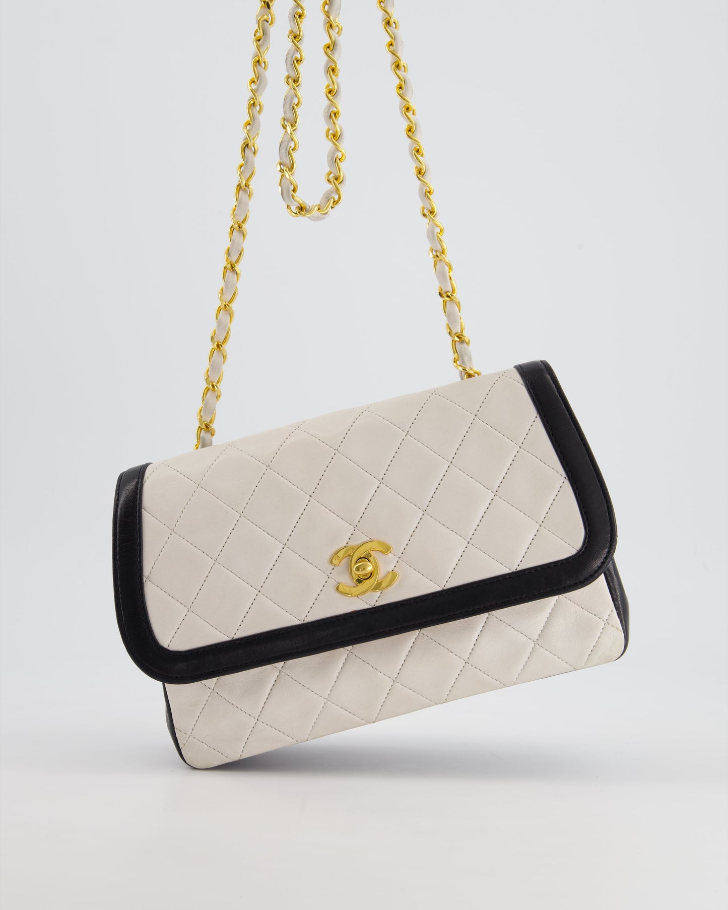 Chanel White, Black Trim Matelasse Cross-Body Bag in Lambskin Leather with Gold Hardware