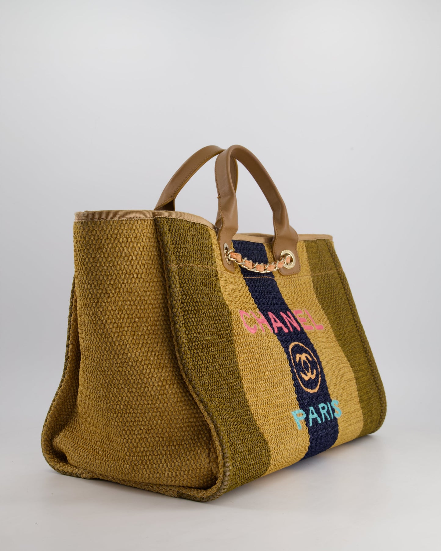 Chanel *HOT* Beige, Navy and Khaki Raffia Deauville Tote with Pastel Logo and Champagne Gold Hardware