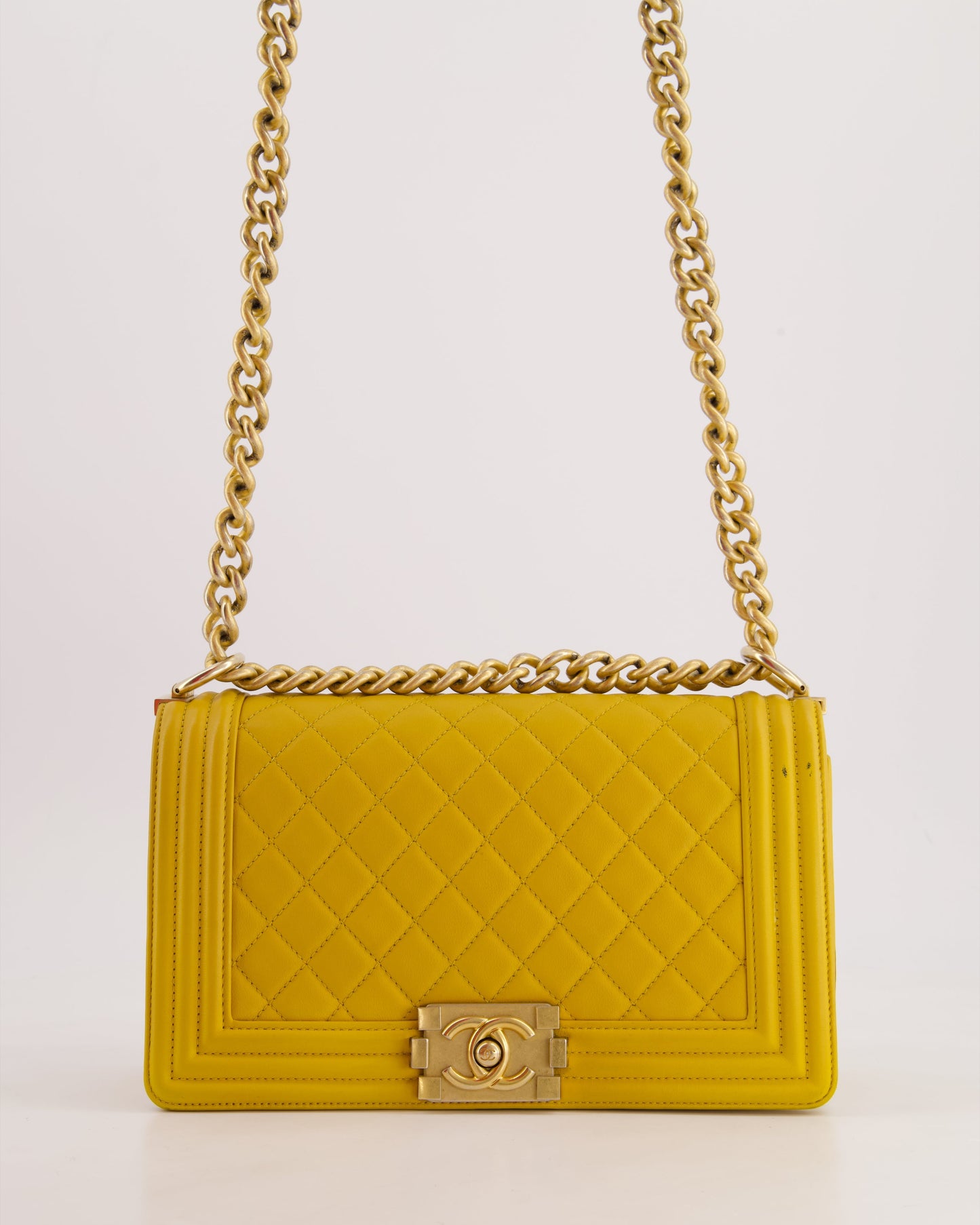 Chanel Mustard Yellow Medium Boy in Calfskin Leather with Antique Gold Hardware Accessory