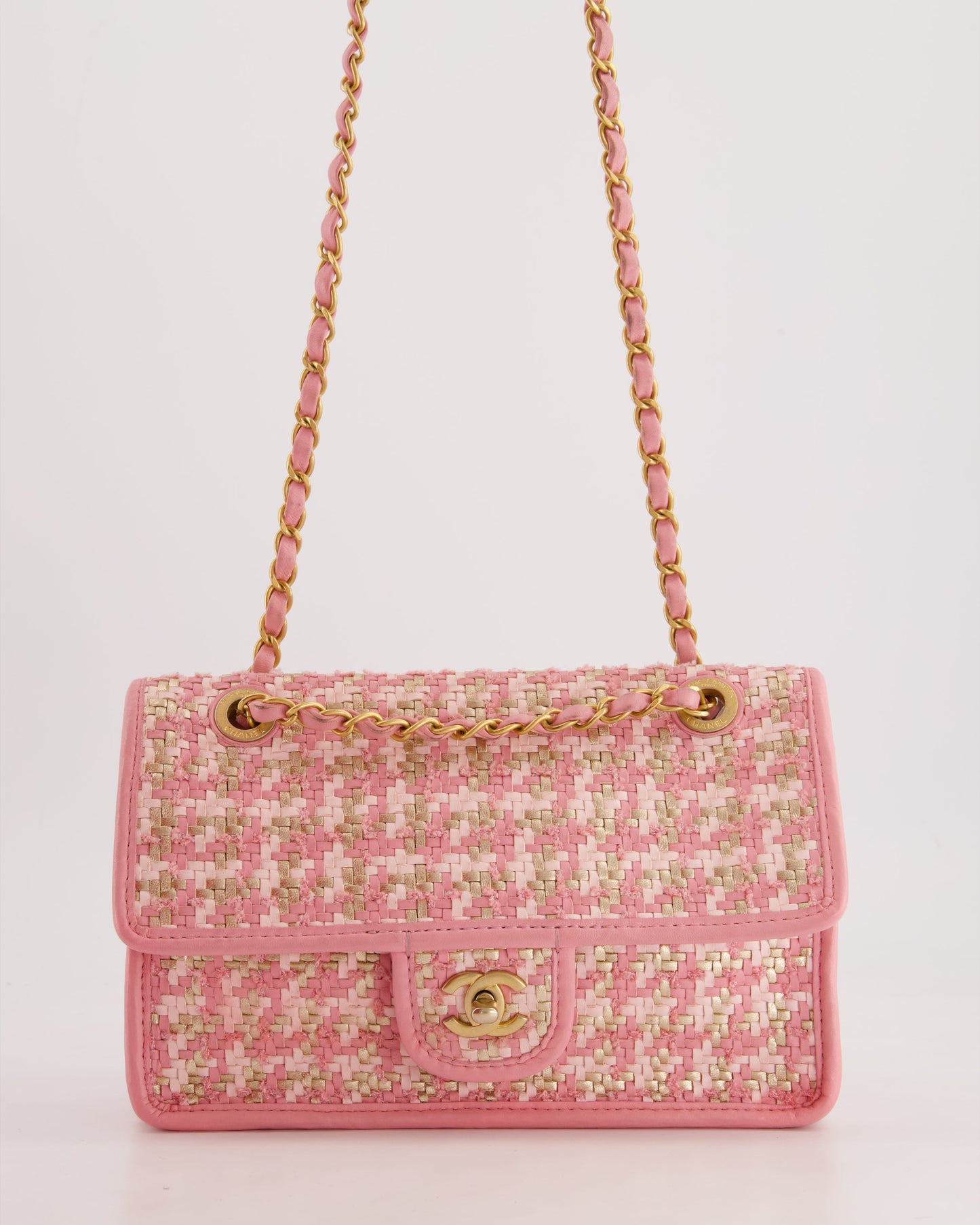 Chanel Pink Woven Flap Bag with Leather Edge Detail and Brushed Gold Hardware