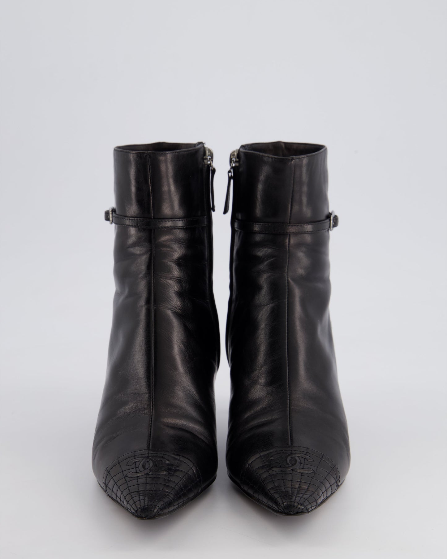 Chanel Black Leather Pointed Toe Ankle Boots Size EU 36