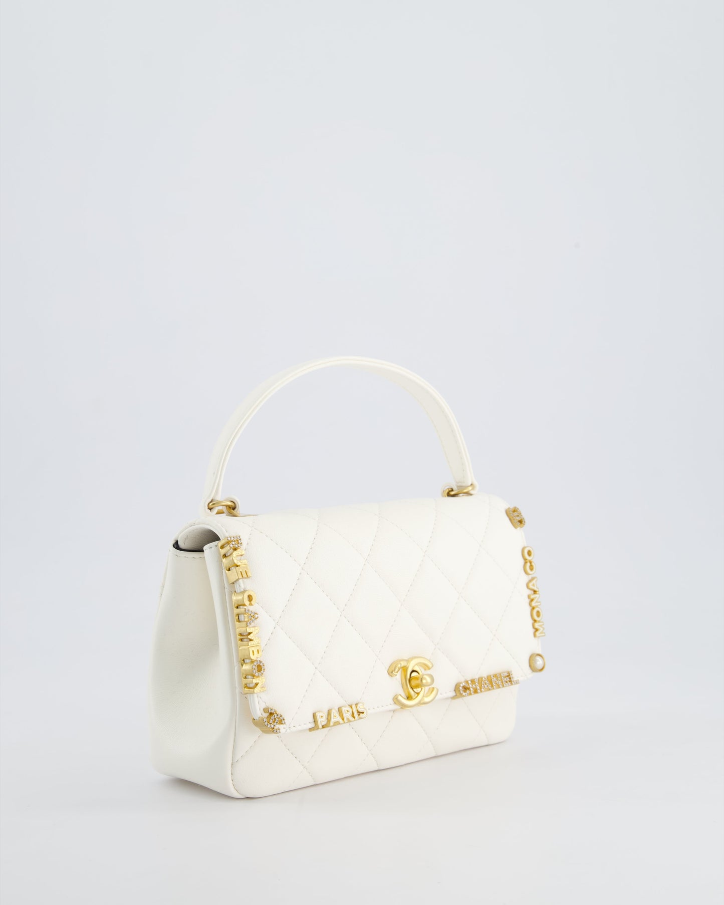 Chanel *LIMITED EDITION* White Paris Monaco Mini Single Flap Bag with Black Interior, Crystal Details and Brushed Gold Hardware
