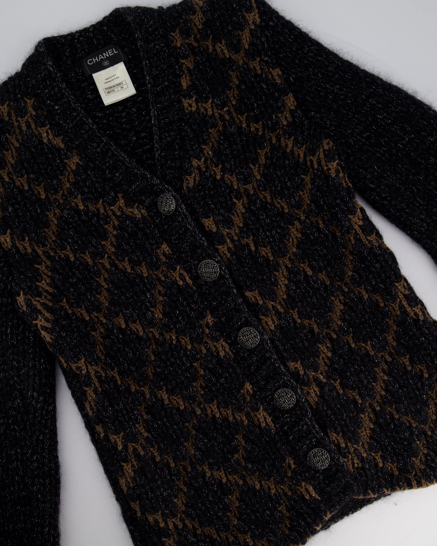 Chanel Black and Brown Quilted Mohair Cardigan with Silver Threads and Black Chain Button Details Size FR 34 (UK 6) Apparel