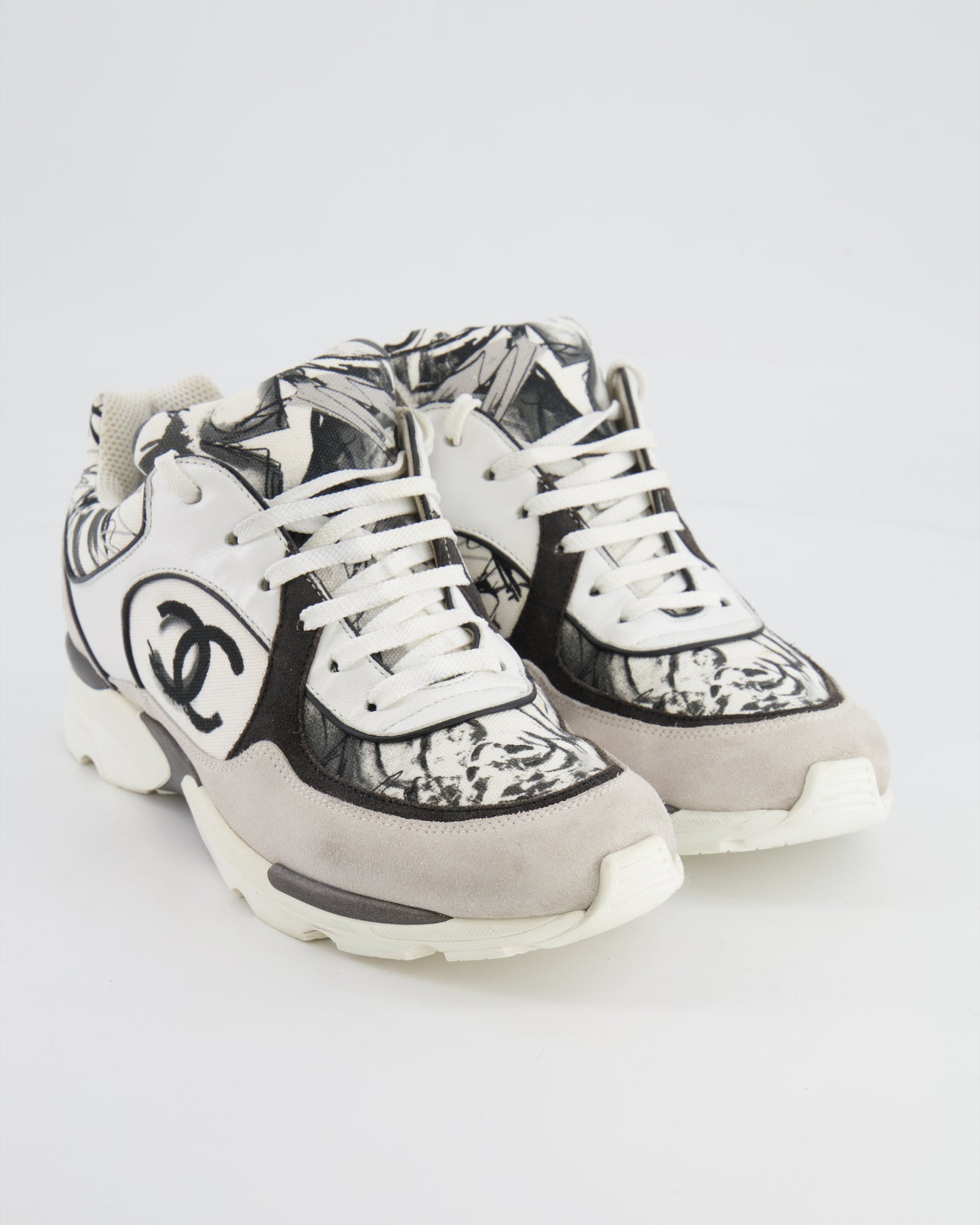 Chanel Grey, White, Black Leather and Suede Graffiti CC Trainers Size EU 38.5 Accessory