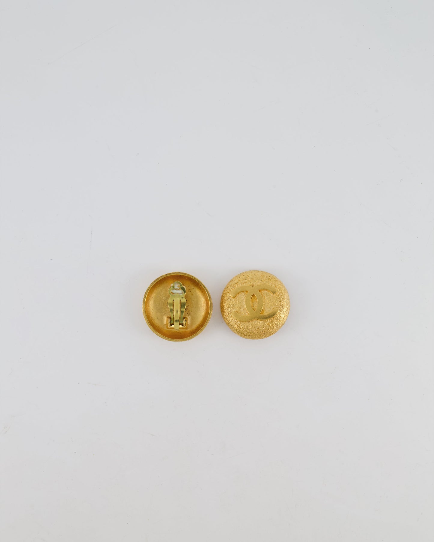 Chanel Gold Grained Round Clip-On Earrings with Gold CC Logo Jewelry