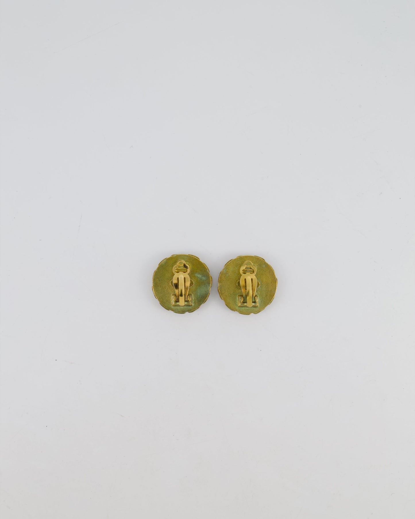 Chanel CC Brushed Gold Matelasse Round Small Clip-On Earrings with Black Detailing Jewelry