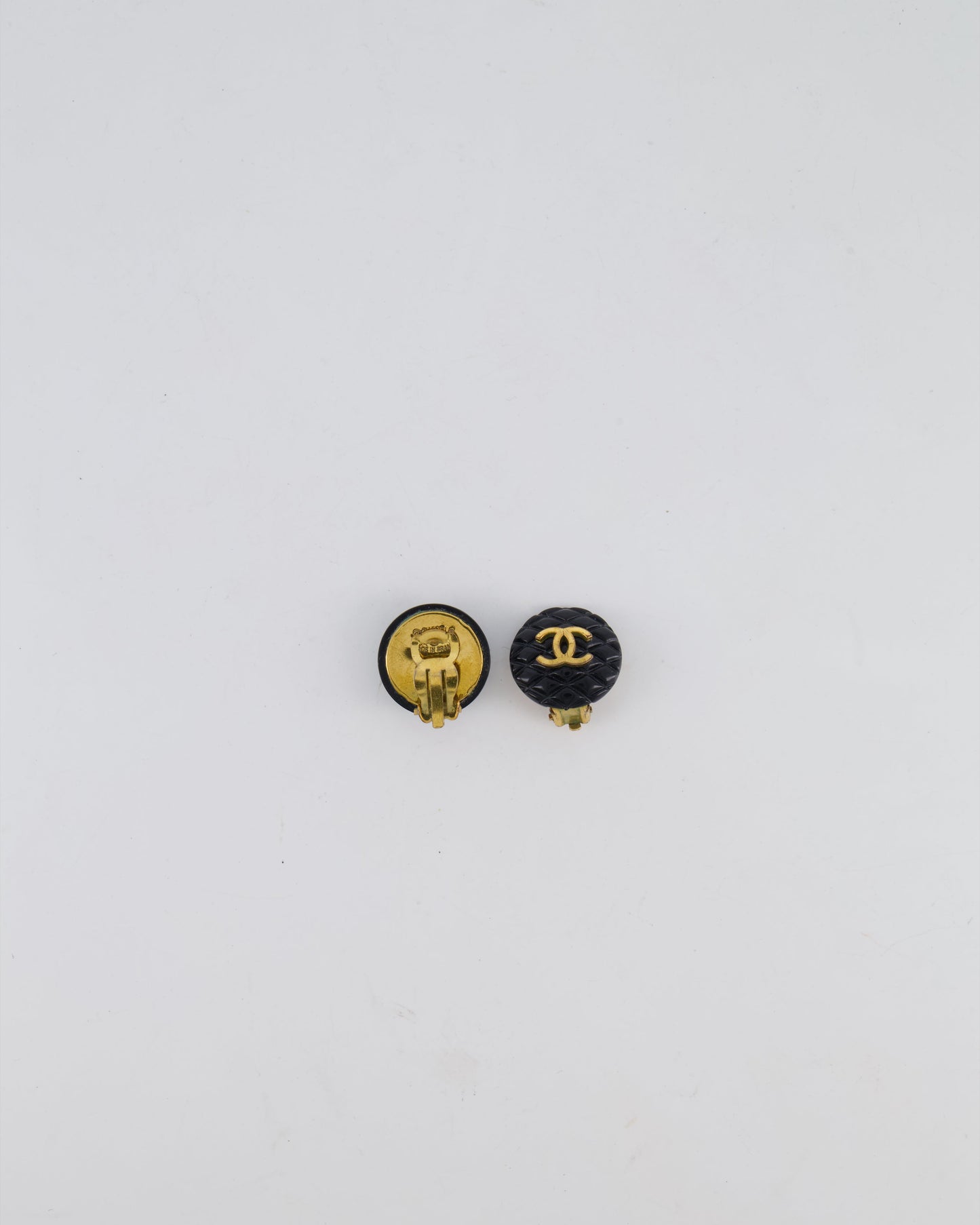 Chanel Black Matelasse Small Round Clip-On Earrings with Gold CC Logo Jewelry