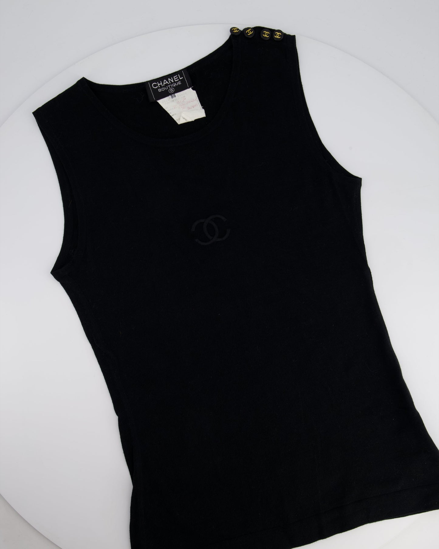 Chanel Black Sleeveless Cotton Top with Stitched Logo and Gold Logo Buttons on the Shoulder Size FR 36 (UK 8) Accessory