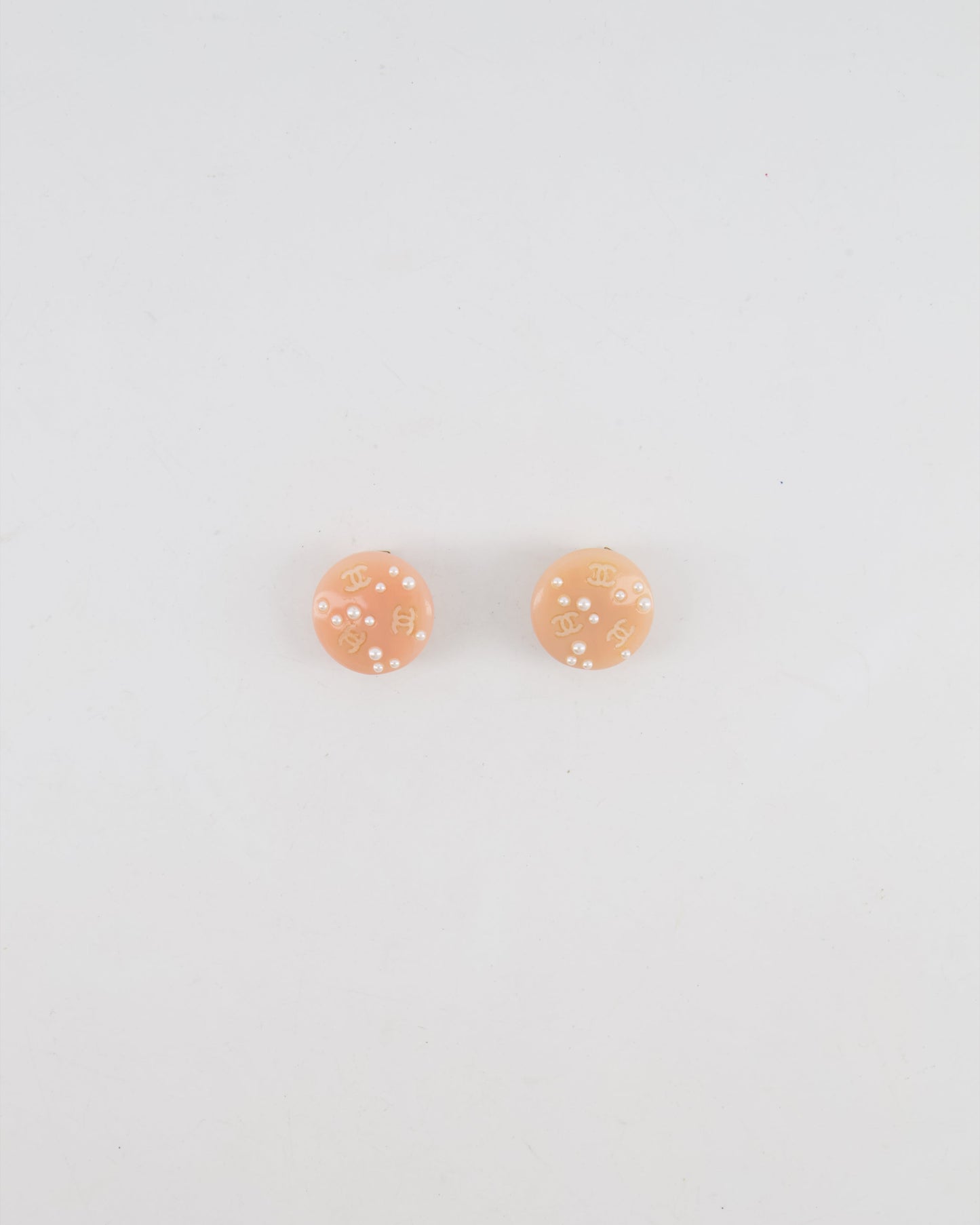 Chanel Blush Pink Round Clip On Earrings with Pearl Embellishments and CC Logo Details Jewelry