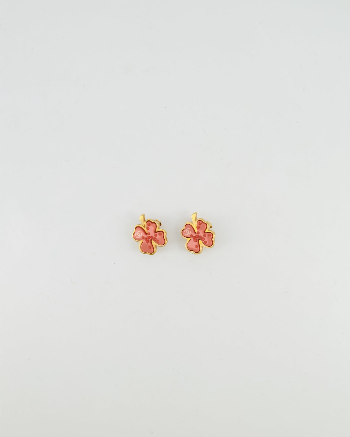 Chanel Brushed Gold and Pink Clover Clip On Earrings with CC Logo and Beads Details Jewelry