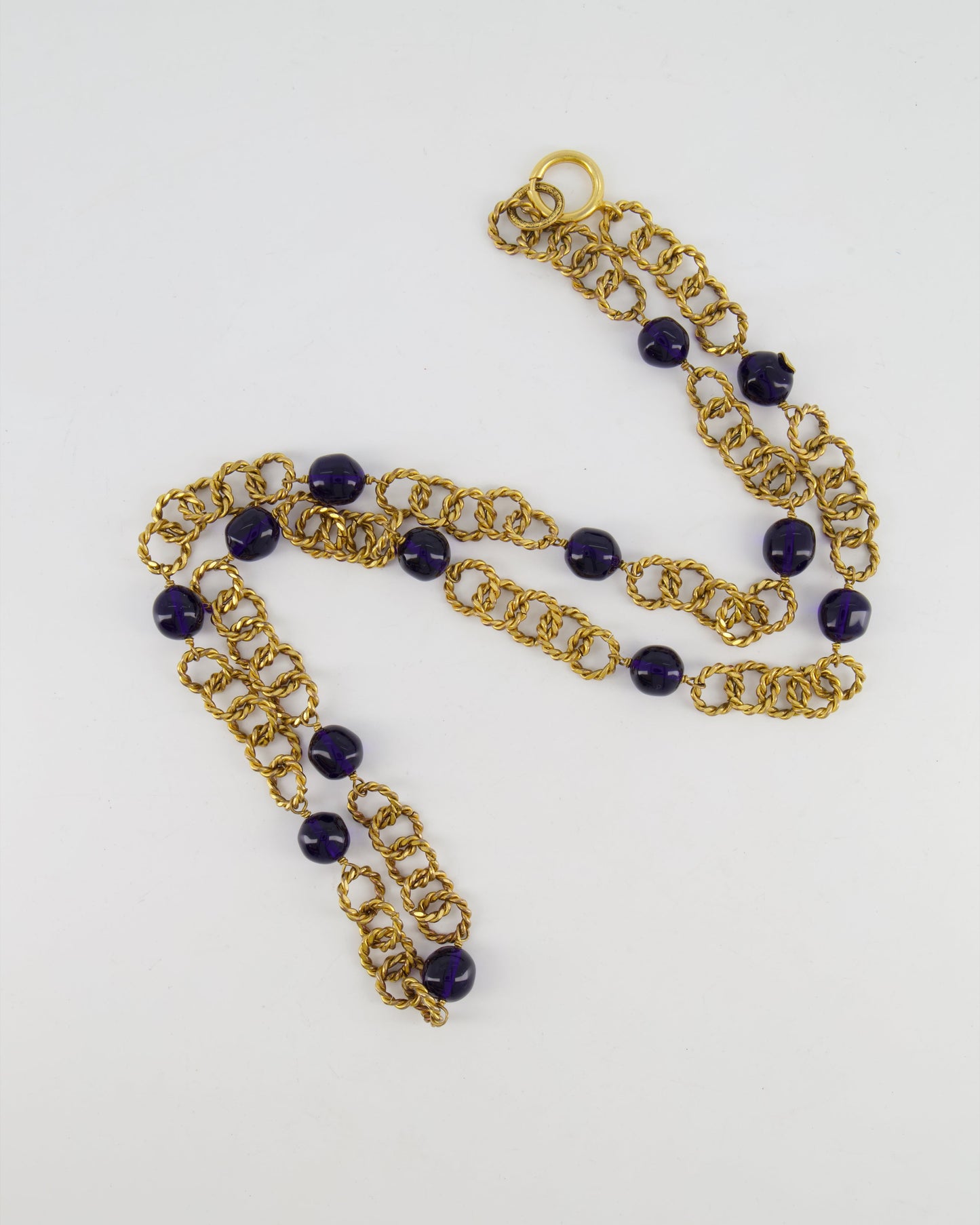 Chanel 2005 Brushed Gold Chain Necklace with Navy Blue Stones