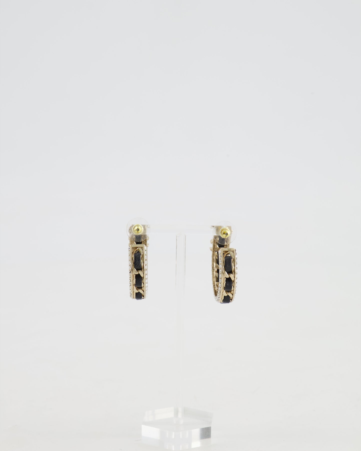 Chanel 2023 Gold, Black Leather and Crystal Embellished CC Logo Hoop Earrings Jewelry
