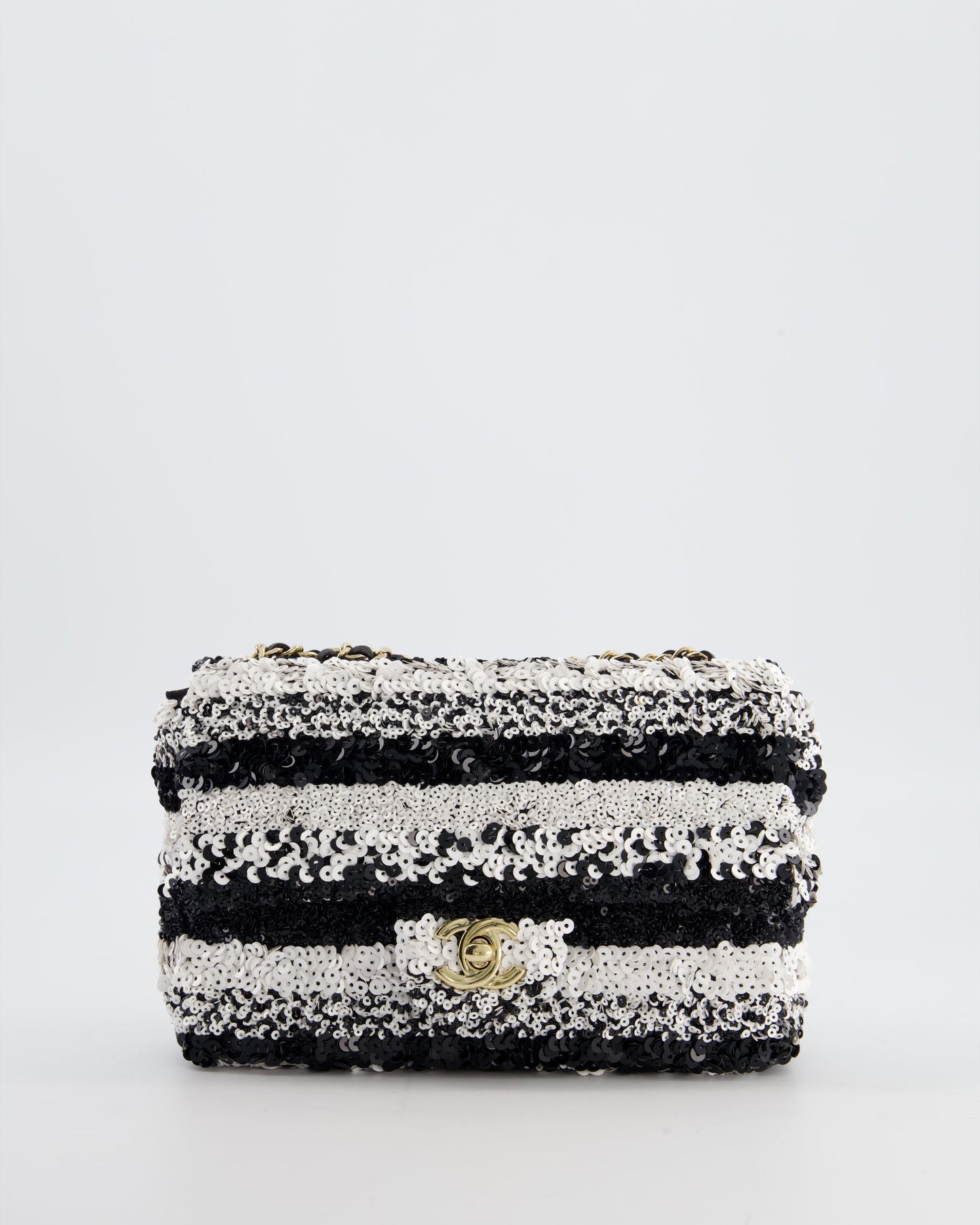 Chanel *HOT* Black and White Stripe Sequin Coco Mark Single Flap Bag with Champagne Gold Hardware