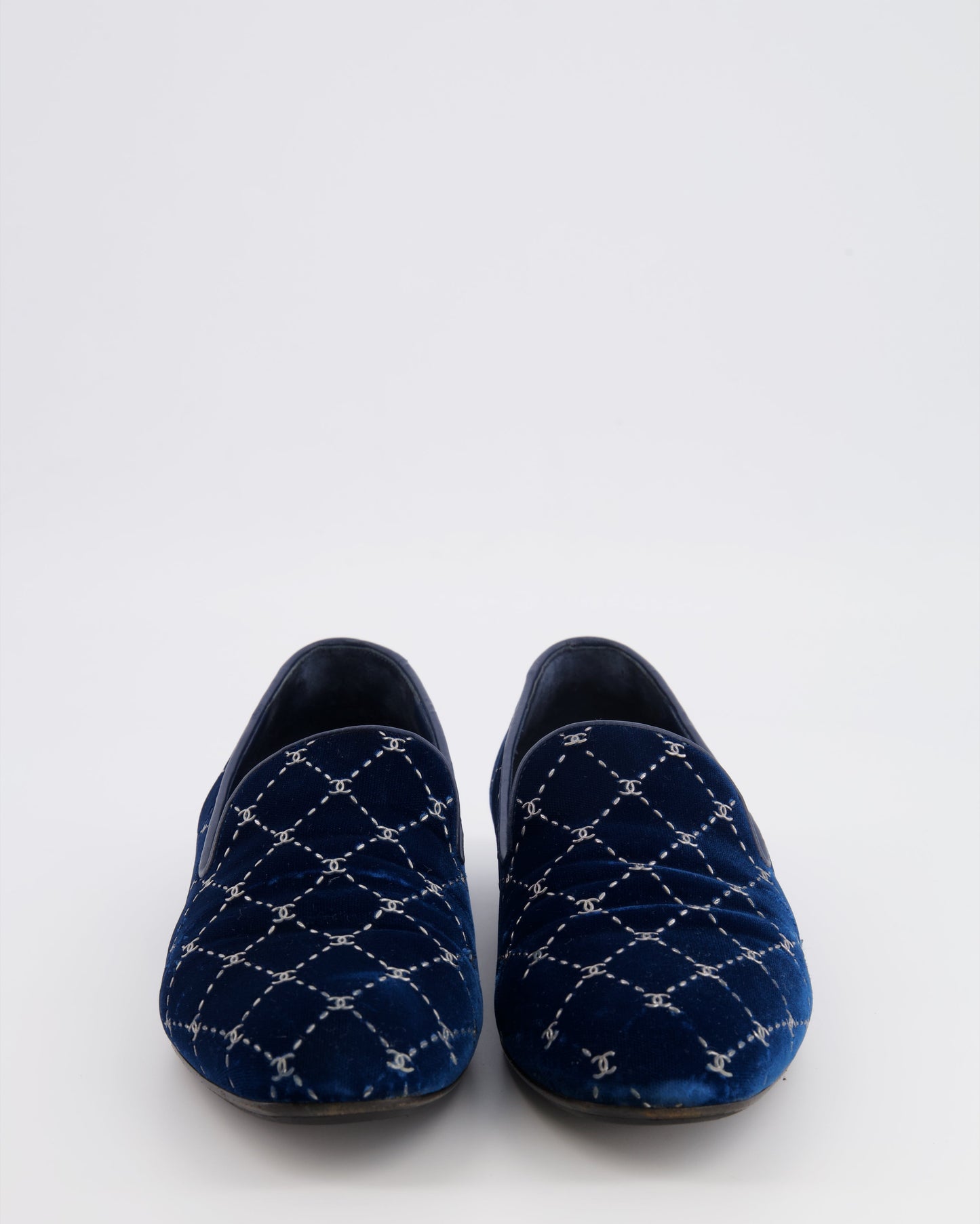 Chanel Navy Velour Loafers with Silver Diamond Stitch Pattern and CC Logos Size EU