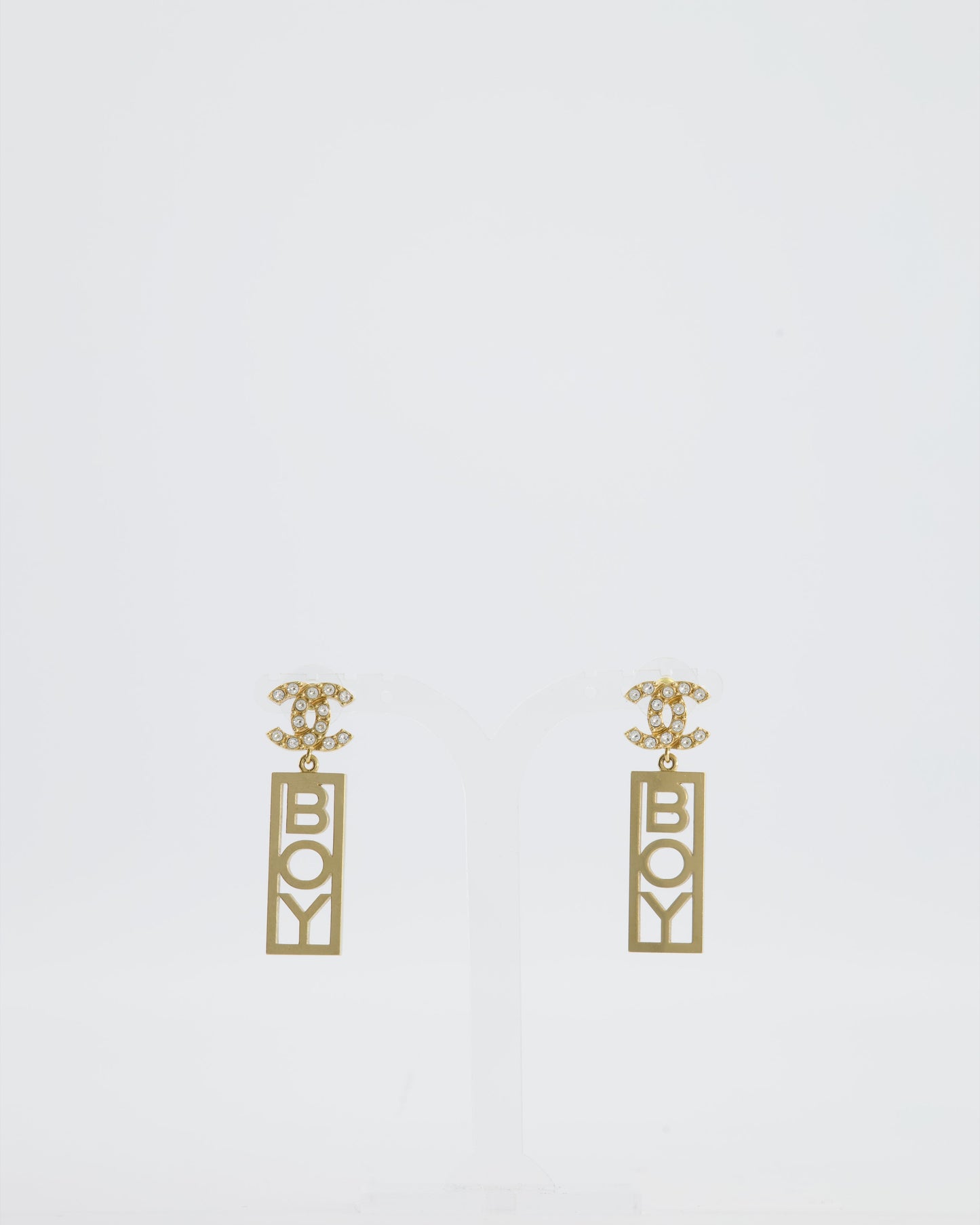 Chanel Gold Crystal CC Earrings Drop BOY Pendant