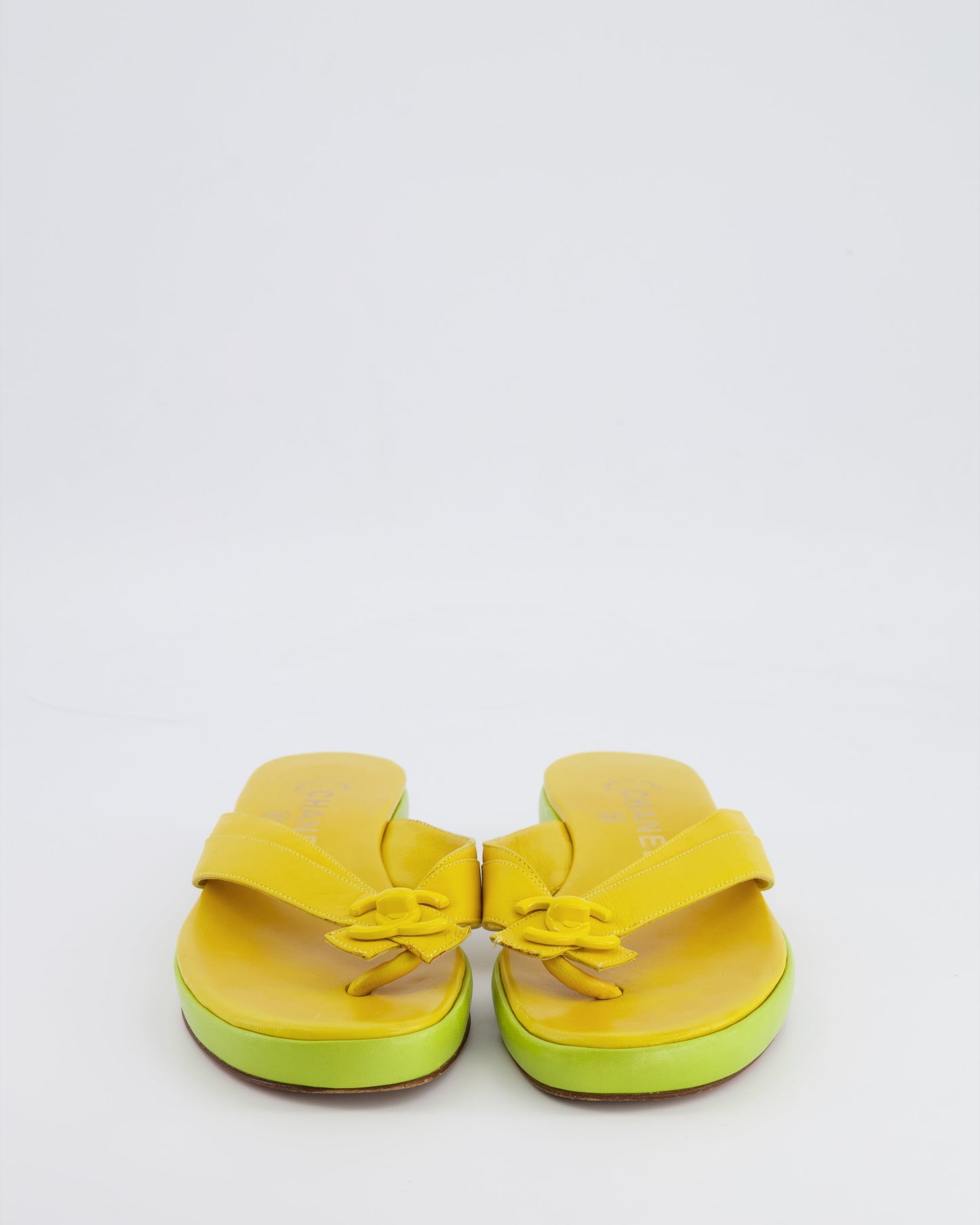 Chanel 2002 Yellow and Green Leather Heeled Flip Flops with CC Logo Detailing Size 38