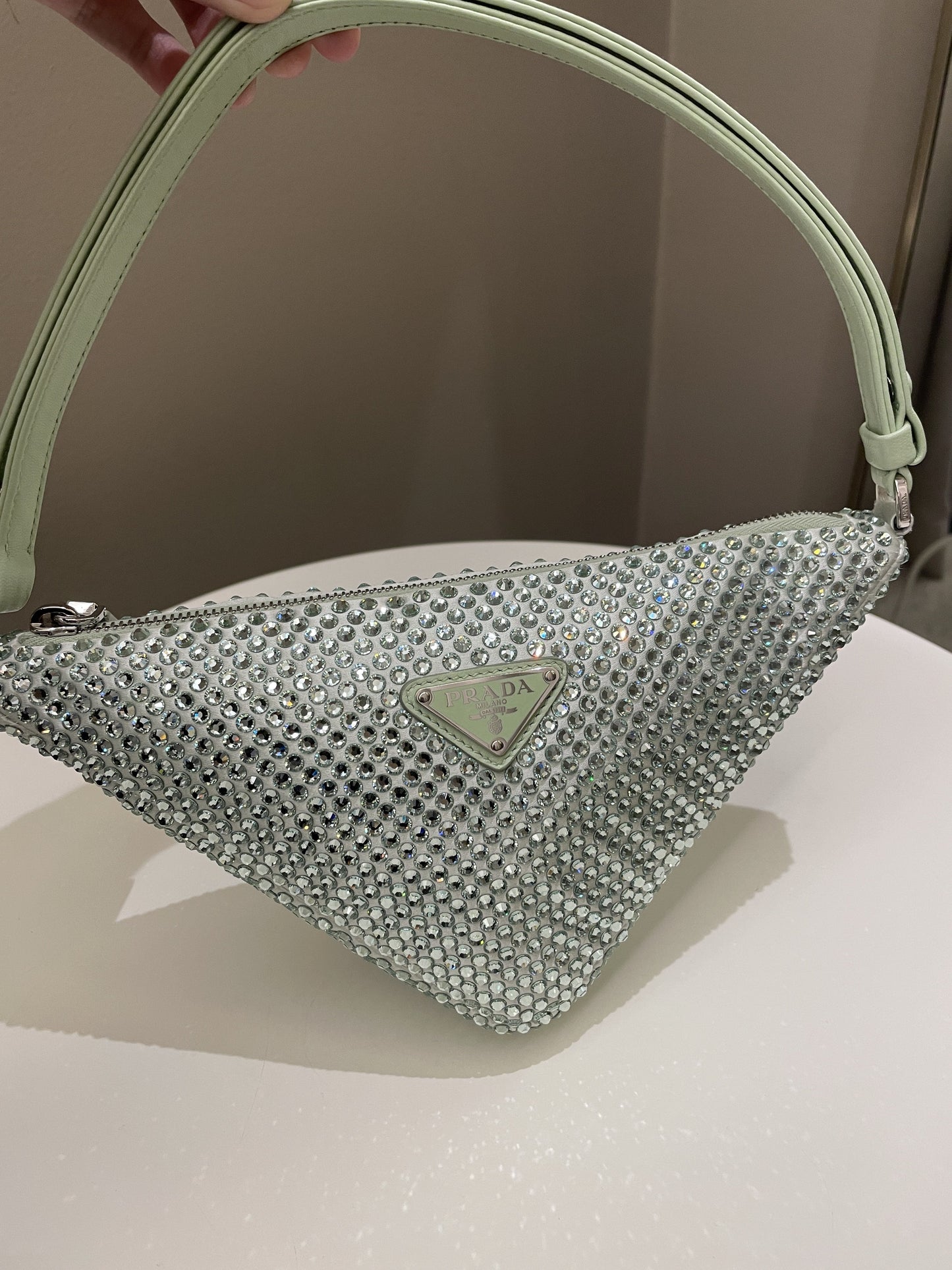 Prada Triangular Crystal Auqa Luxury Handbag Green Travel Bag
