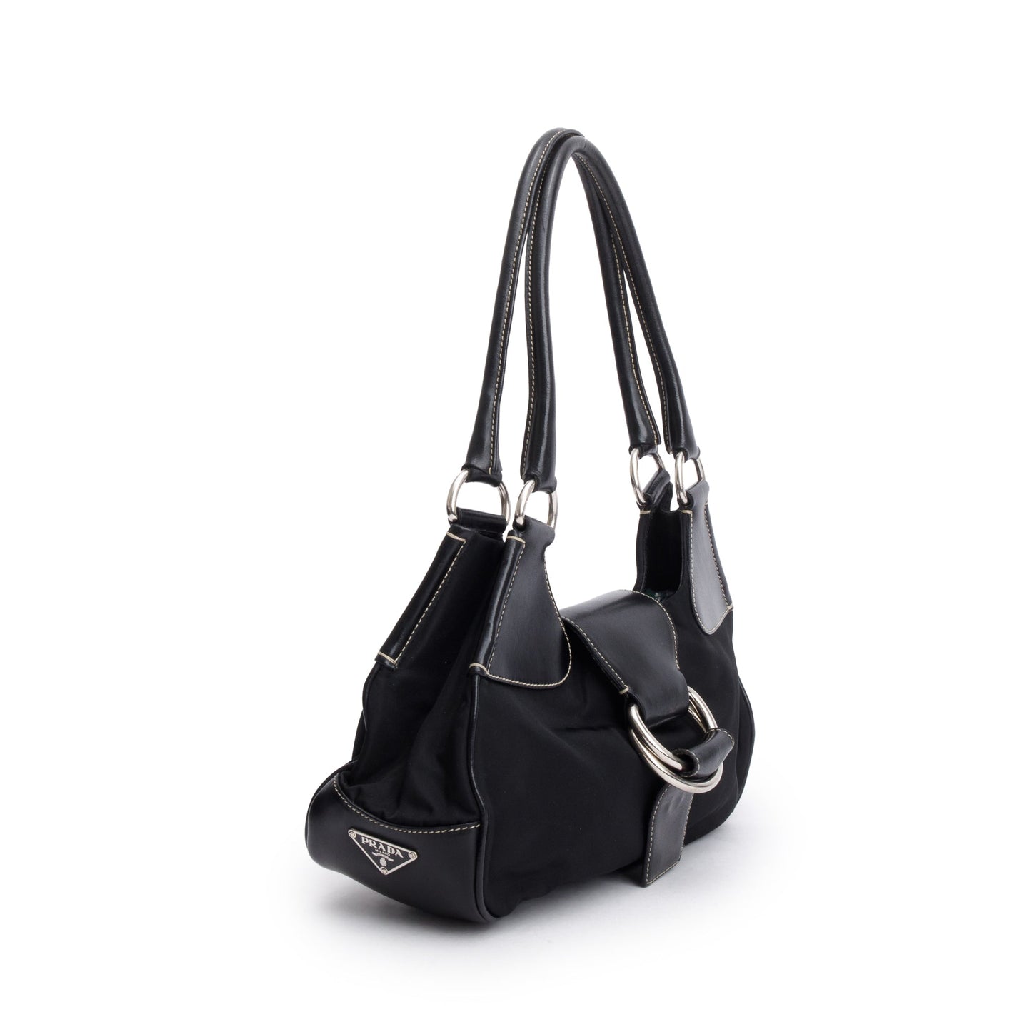 Prada Trimmed Tessuto Moon Bag Leather Nylon Travel Bag