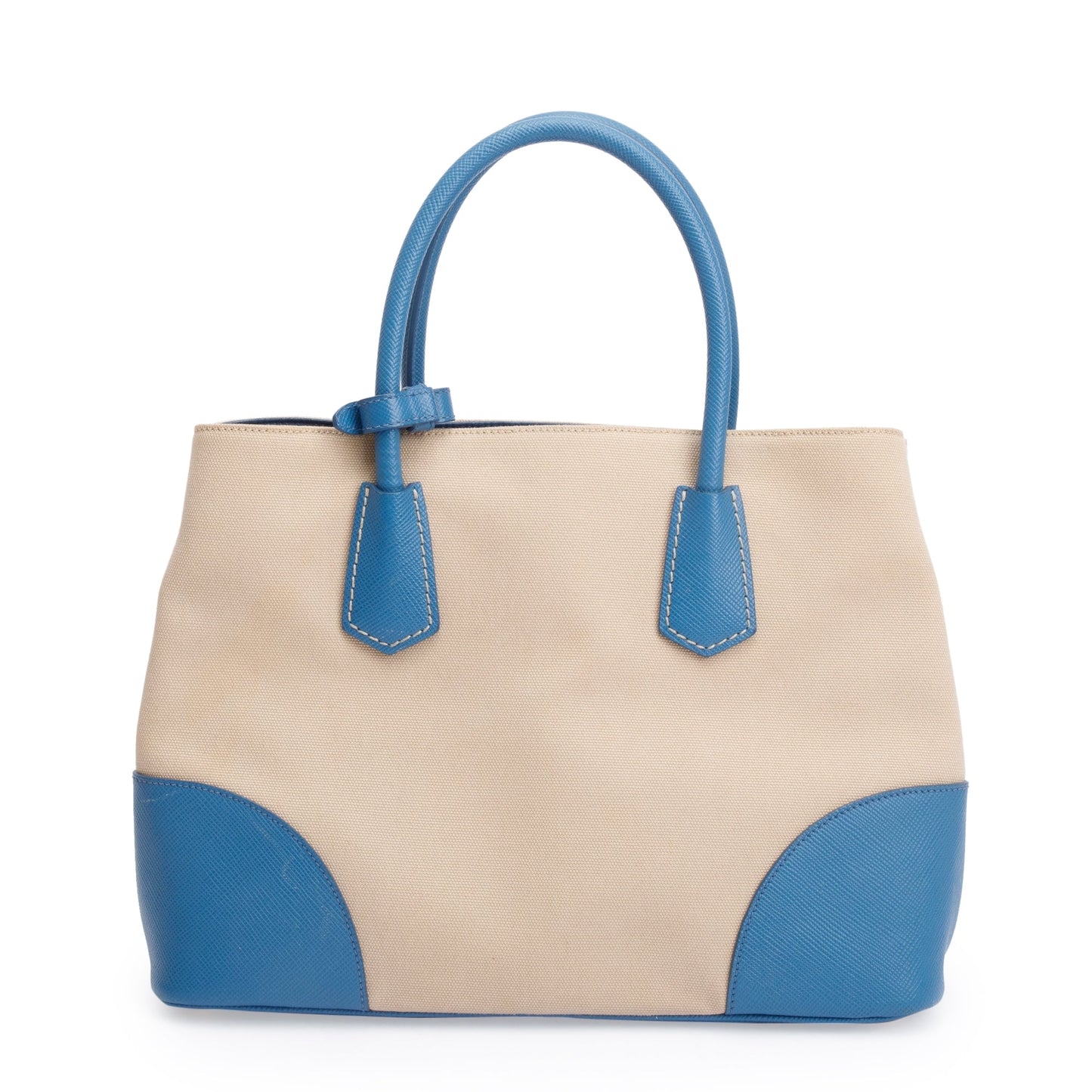 Prada Trim Cuir Double Tote Canvas Saffiano Blue Tote Bag