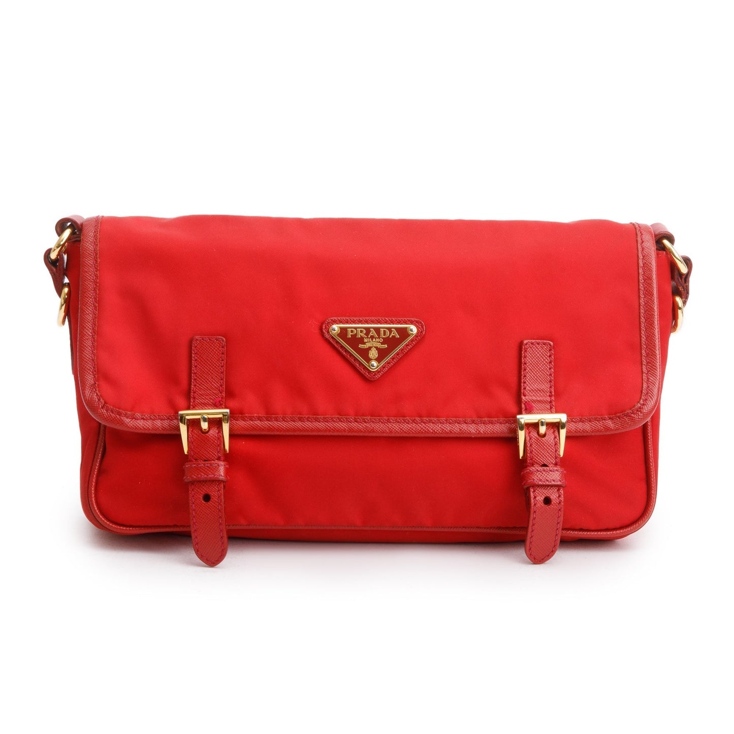 Prada Trimmed Tessuto Double Buckle Crossbody Bag Nylon Saffiano Red