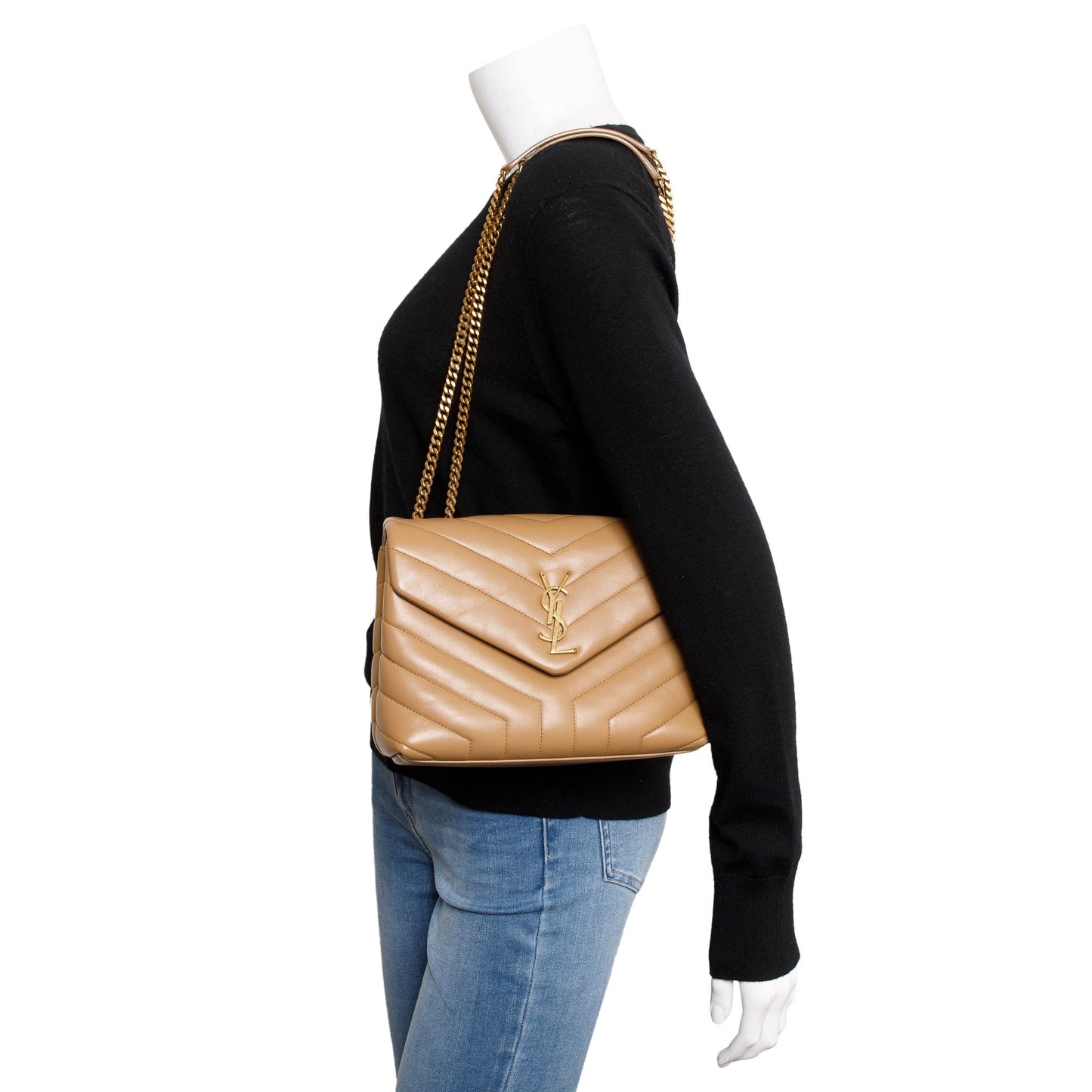 YSL Saint Laurent Calfskin Loulou Chain Shoulder Bag Leather Beige
