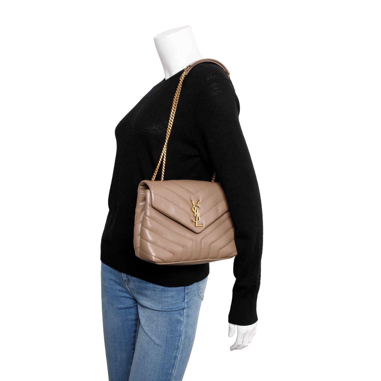 YSL Saint Laurent Loulou Chain Shoulder Bag Leather Beige