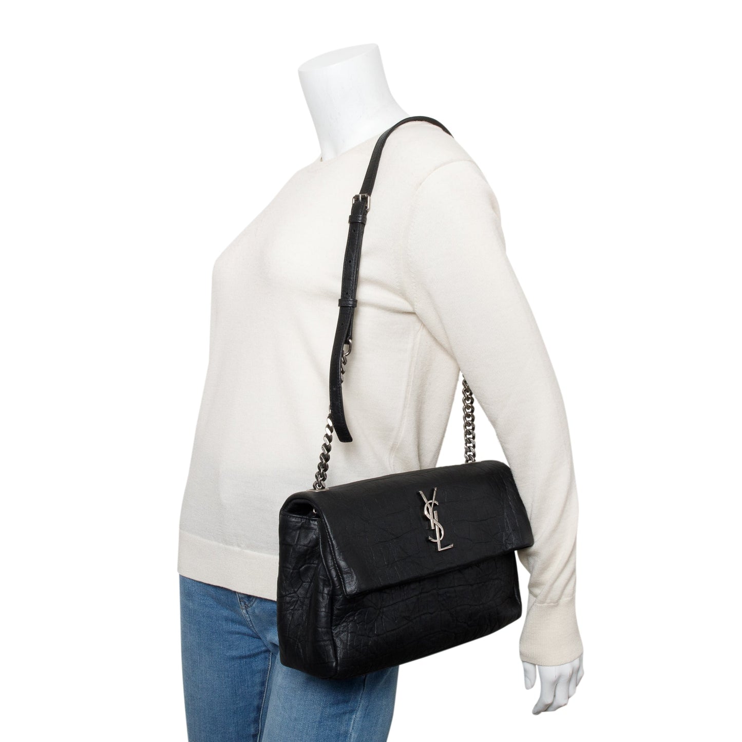 YSL Saint Laurent Crocodile Embossed Calfskin Medium West Hollywood Fold Leather Monogram Travel Bag