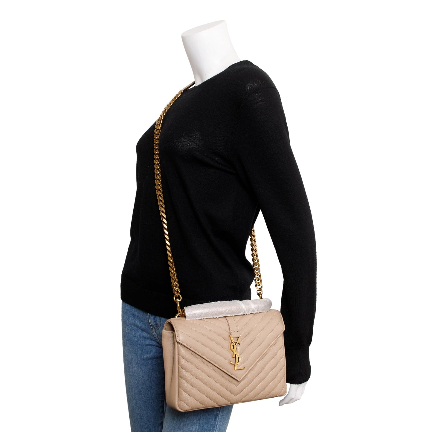 YSL Saint Laurent Chevron College Bag Leather Beige Travel Bag