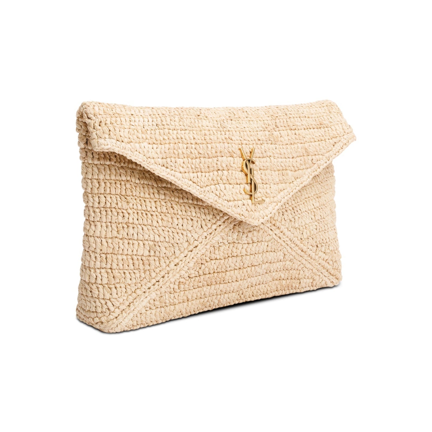 YSL Saint Laurent Neutral Cassandre Envelope Pouch Travel Bag Raffia Large