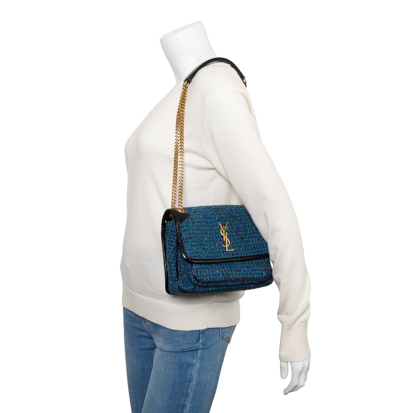 YSL Saint Laurent Tweed Niki Shoulder Bag Blue