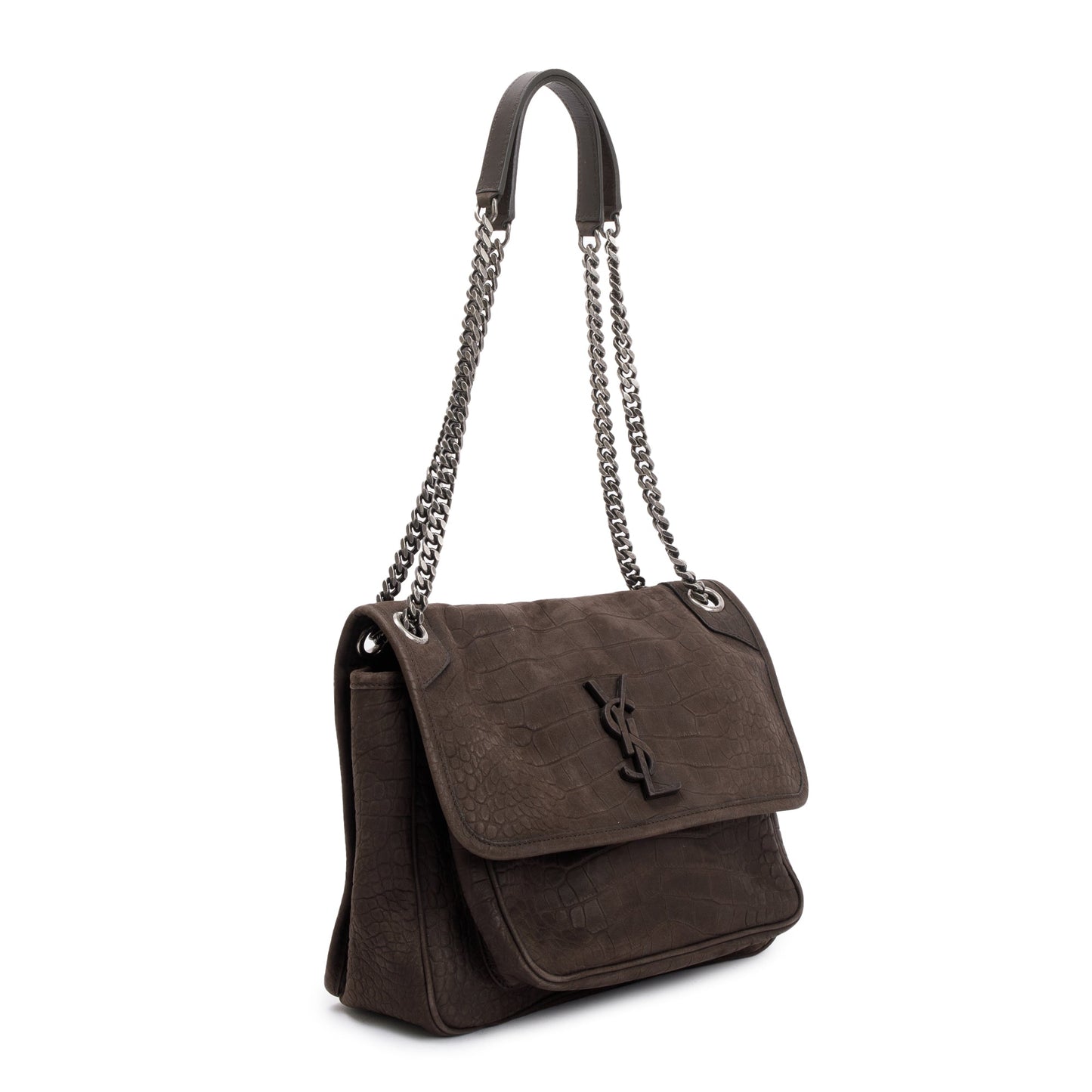 YSL Saint Laurent Crocodile Embossed Nubuck Niki Shoulder Bag Brown Medium