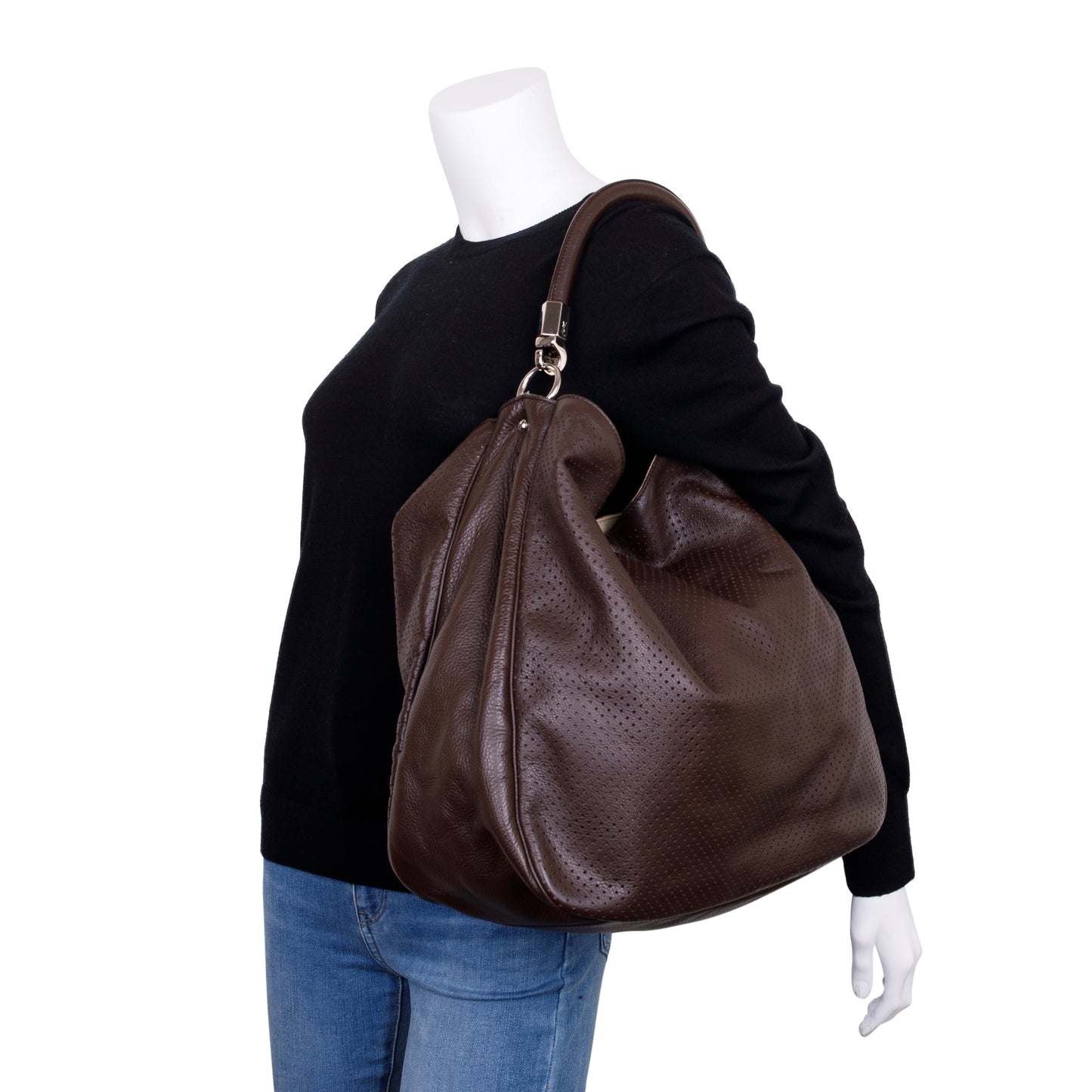YSL Saint Laurent Perforated Roady Hobo Leather Brown Shoulder Bag