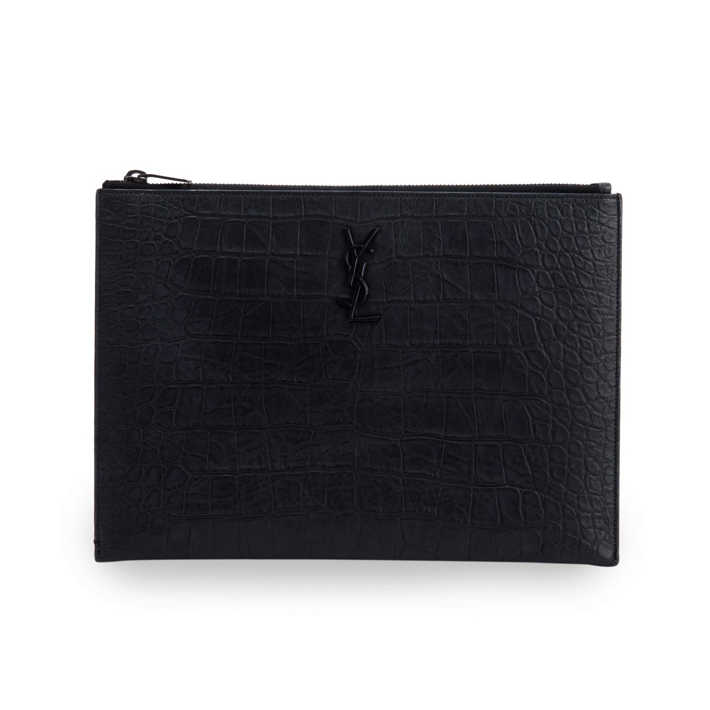 YSL Saint Laurent Croc Embossed Zip Pouch Travel Bag Monogram