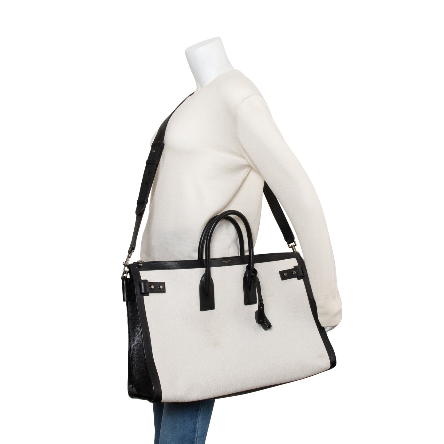 YSL Saint Laurent Linen Calfskin Souple Sac De Jour 48H Travel Bag